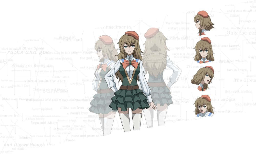 Yuki Amane 桌布 壁紙 — 身穿綠色校服、戴紅色貝雷帽的動漫女孩站在中央，周圍環繞著半透明的角色設計和淡淡的文字疊加。
