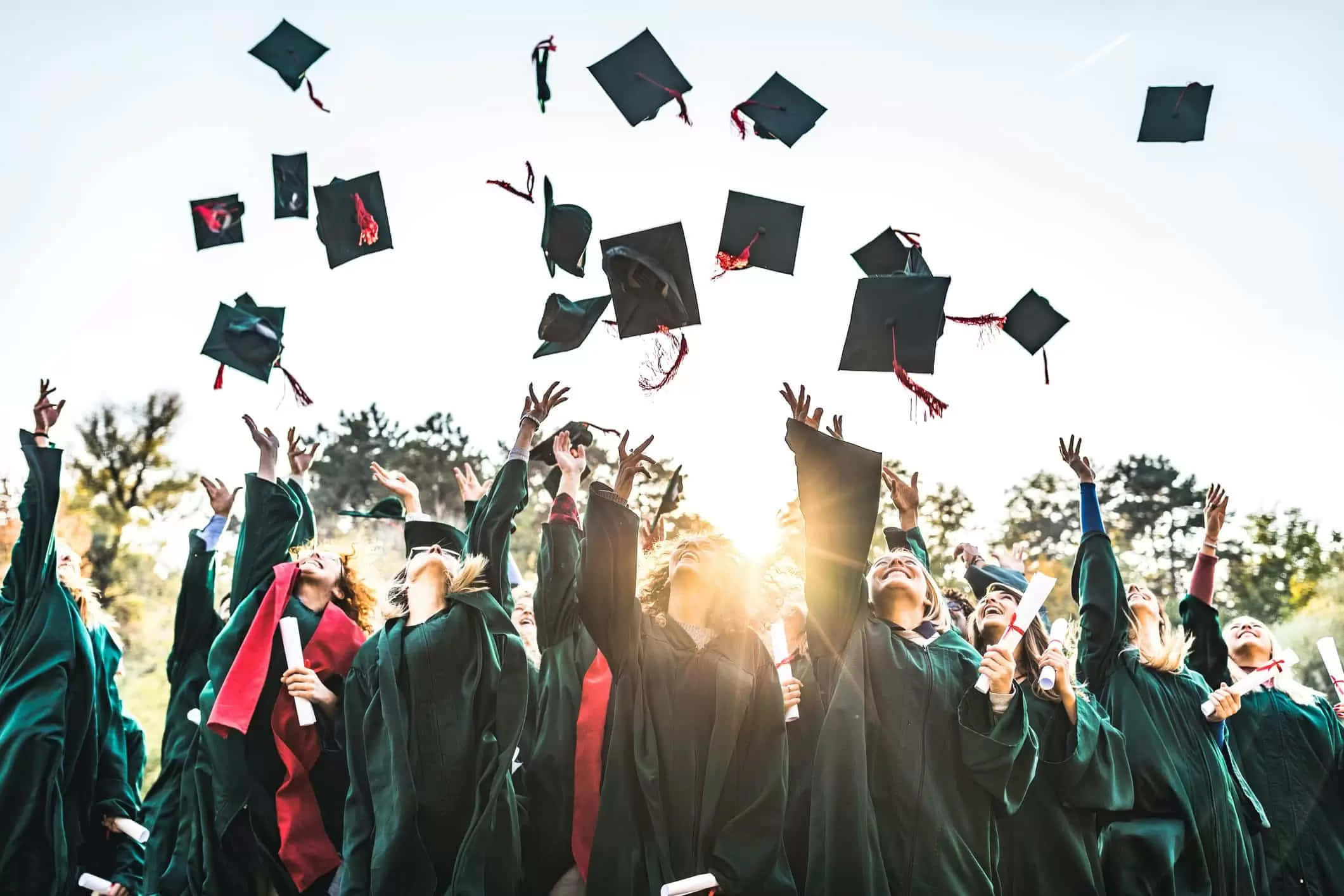 Graduation 桌布 壁紙 — 身穿綠色畢業袍的畢業生們在明亮的陽光下，歡快地將黑色學位帽拋向空中。