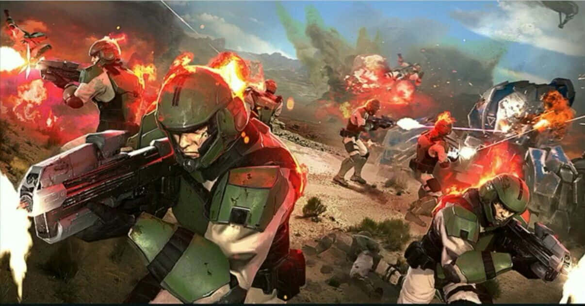 Halo Unsc 桌布 壁紙 — 身穿綠色盔甲的士兵在混亂的沙漠戰爭場景中，於爆炸和火焰中戰鬥。