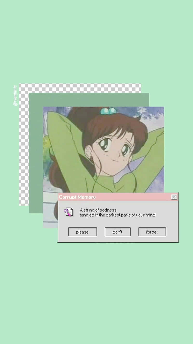 sailor jupiter 桌布 壁紙 — 身穿綠色連帽衫的動漫女孩，被薄荷色背景上的故障錯誤視窗框住。