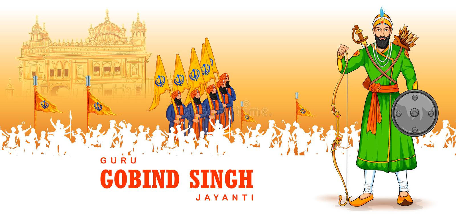 Guru Gobind Singh Ji 桌布 壁紙 — 身穿綠色長袍、手持弓箭和盾牌的古魯戈賓德辛格插圖，背景有錫克戰士和金廟。