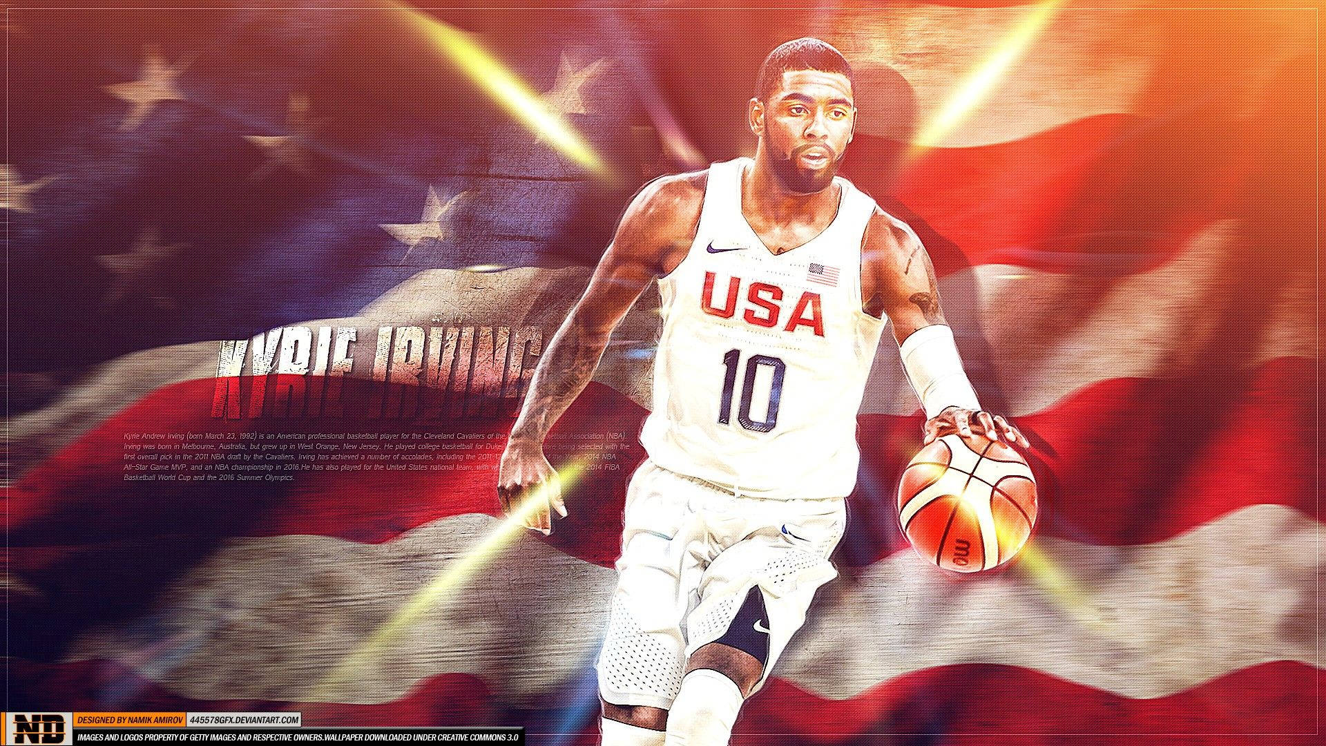 Kyrie 桌布 壁紙 — 身穿美國球衣的籃球運動員凱里·歐文在動態的美國國旗背景下運球，帶有發光的光線條紋。