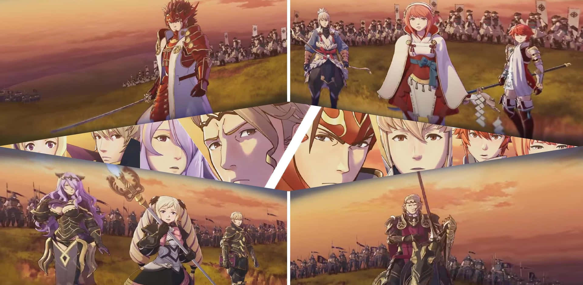夕陽戰場上身穿戰鬥盔甲的動漫角色，身後有軍隊。 — Fire Emblem Warriors 壁紙