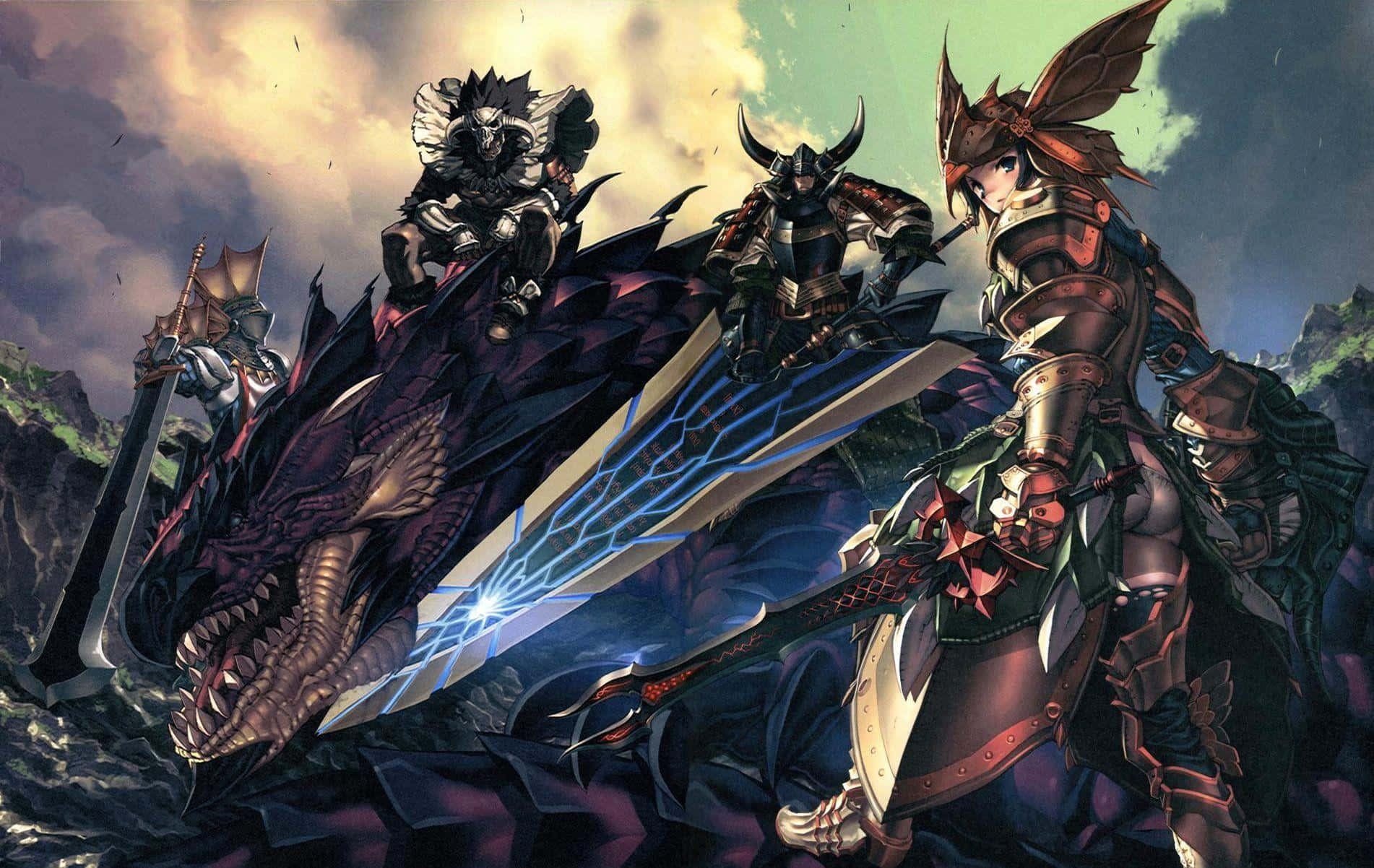 Monster Hunter Monsters 桌布 壁紙 — 身穿華麗盔甲的奇幻戰士，在暴風雨的天空下，用發光的藍色刀刃與一條巨大的龍戰鬥。