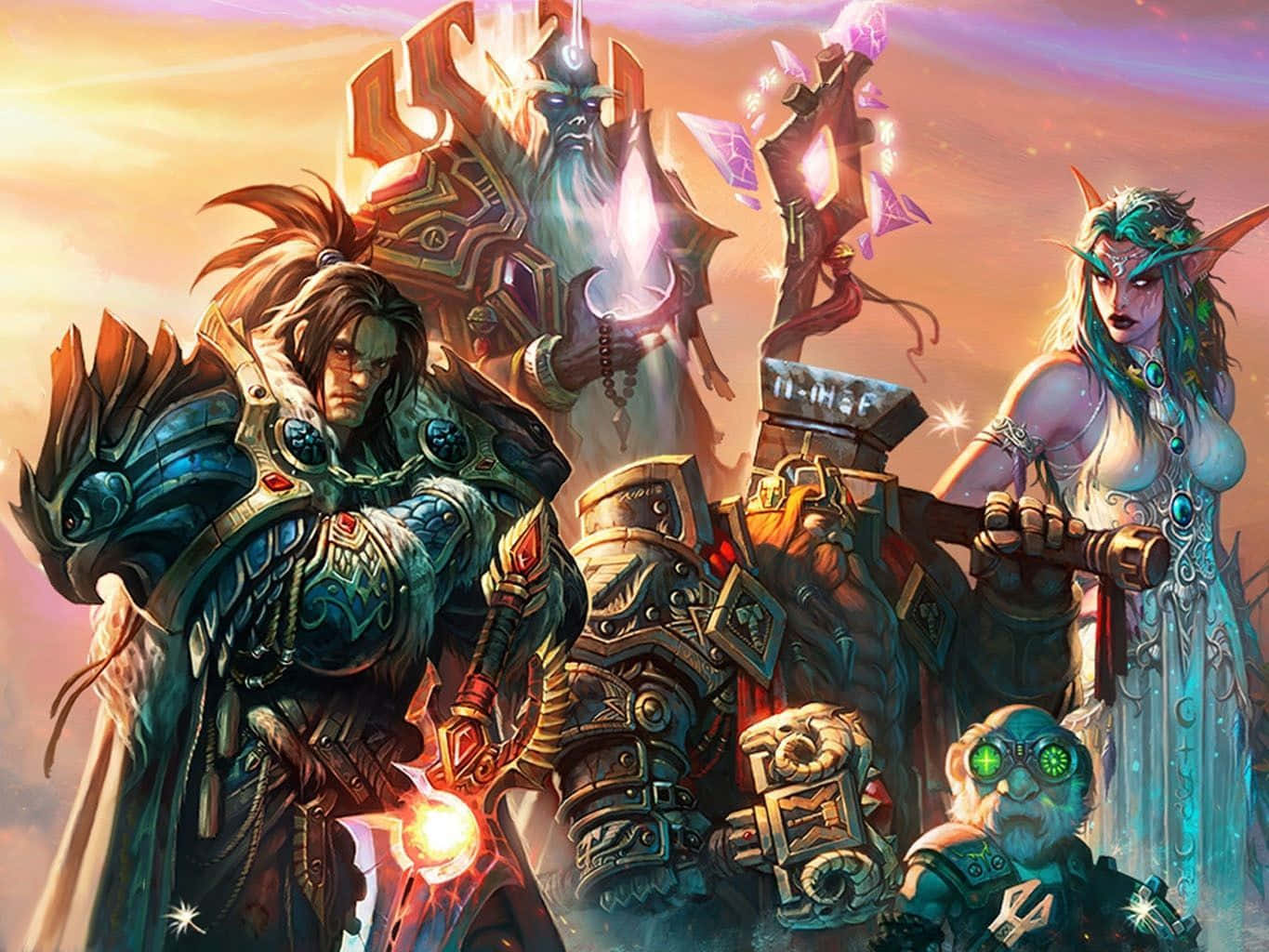 World Of Warcraft Races 桌布 壁紙 — 身穿華麗盔甲的奇幻戰士和精靈，在閃耀的夕陽天空下英勇站立，周圍有魔法能量劈啪作響。
