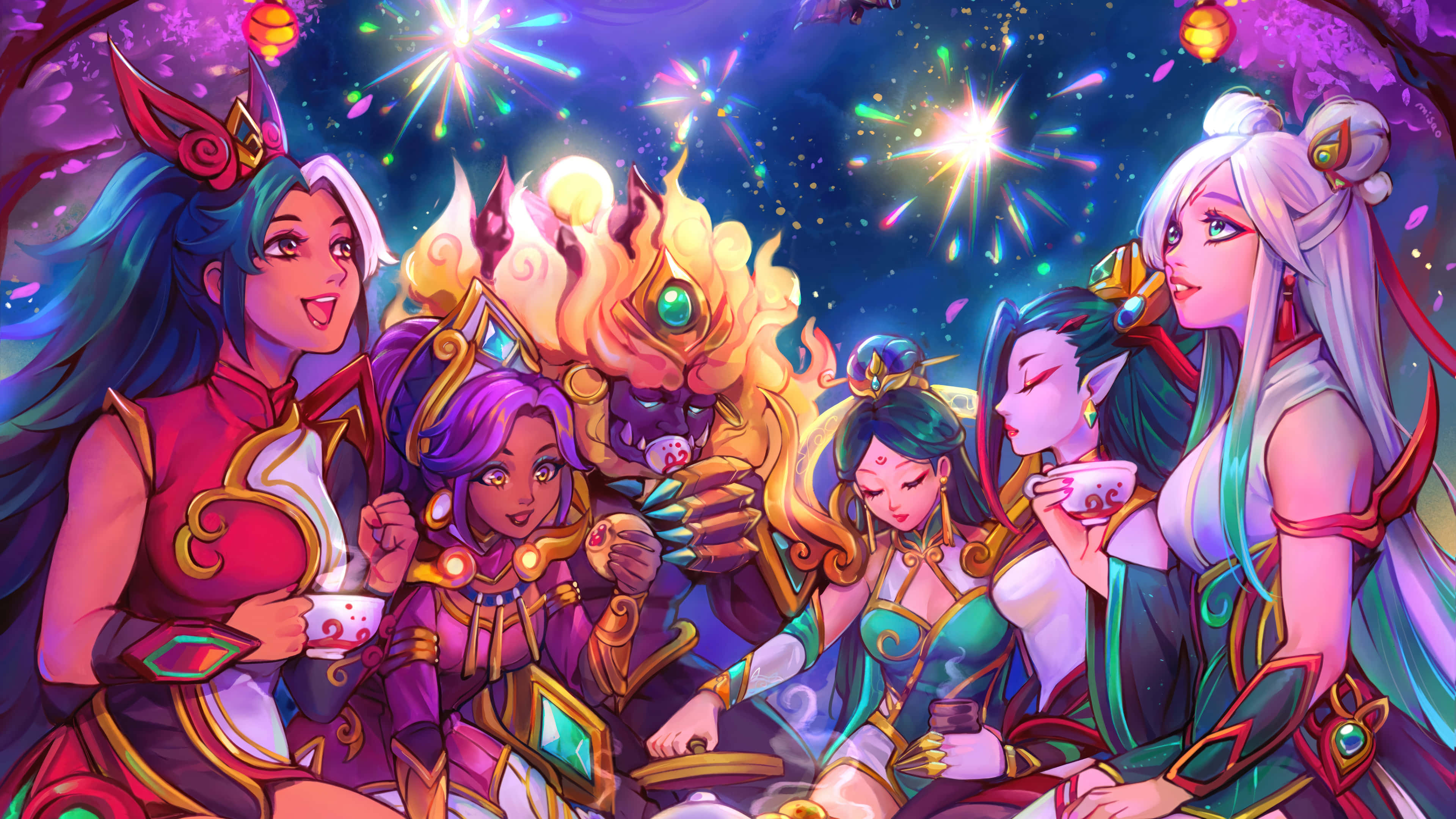 League Of Legends Champions 桌布 壁紙 — 身穿華麗盔甲的奇幻角色在煙花綻放的星空下聚集，一邊品茶。