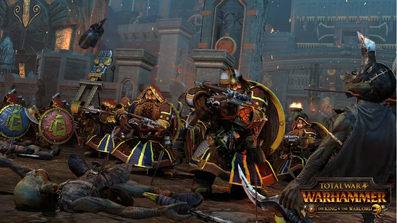 Total War Warhammer 2 桌布 壁紙 — 身穿華麗盔甲的戰士在搖搖欲墜的奇幻堡壘中激烈交戰。