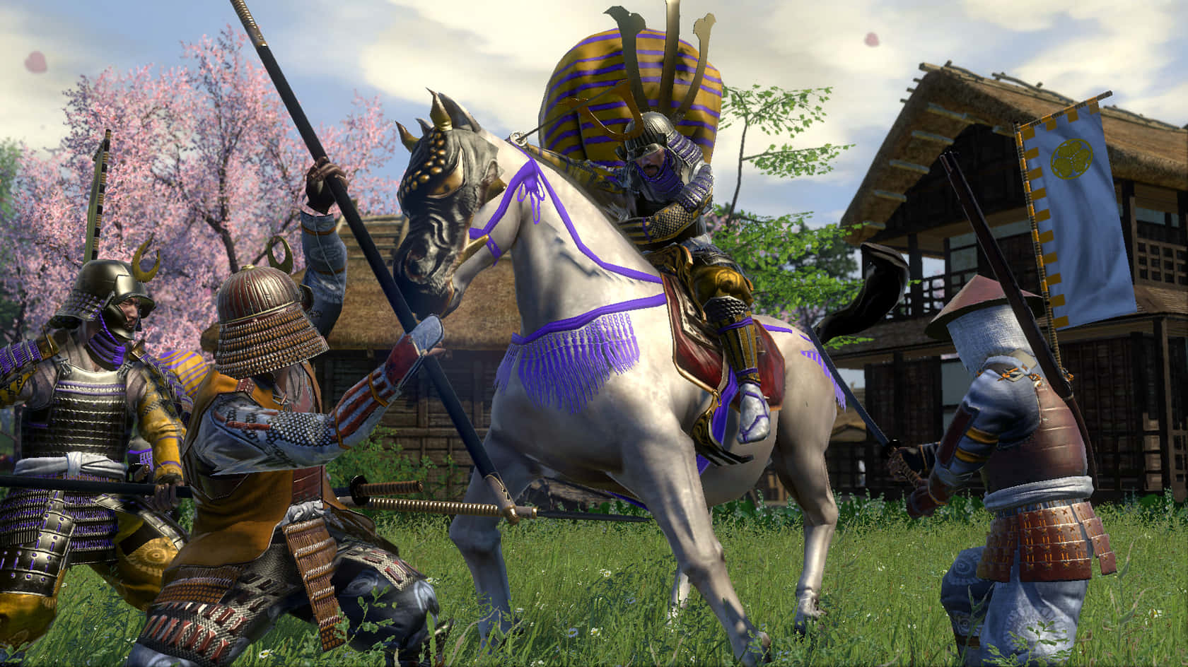shogun 2 total war 桌布 壁紙 — 身穿華麗盔甲的武士戰士在盛開的櫻花樹下的草地上交戰，附近有傳統木建築。