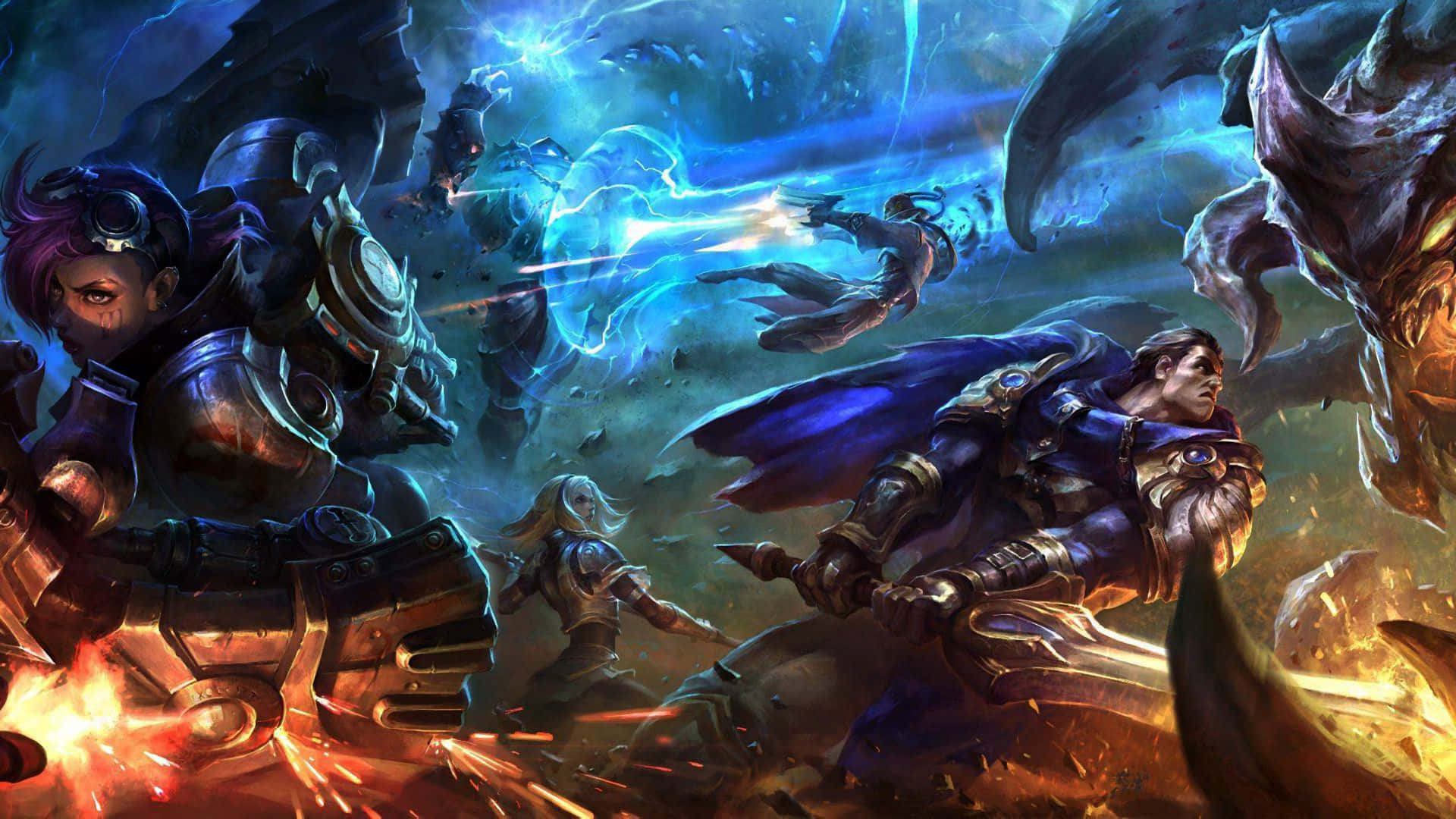 Best League Of Legends 桌布 壁紙 — 身穿華麗盔甲的英雄在熾熱爆炸和電光藍色能量中與怪物般的敵人交戰，上演一場戲劇性的奇幻戰鬥。