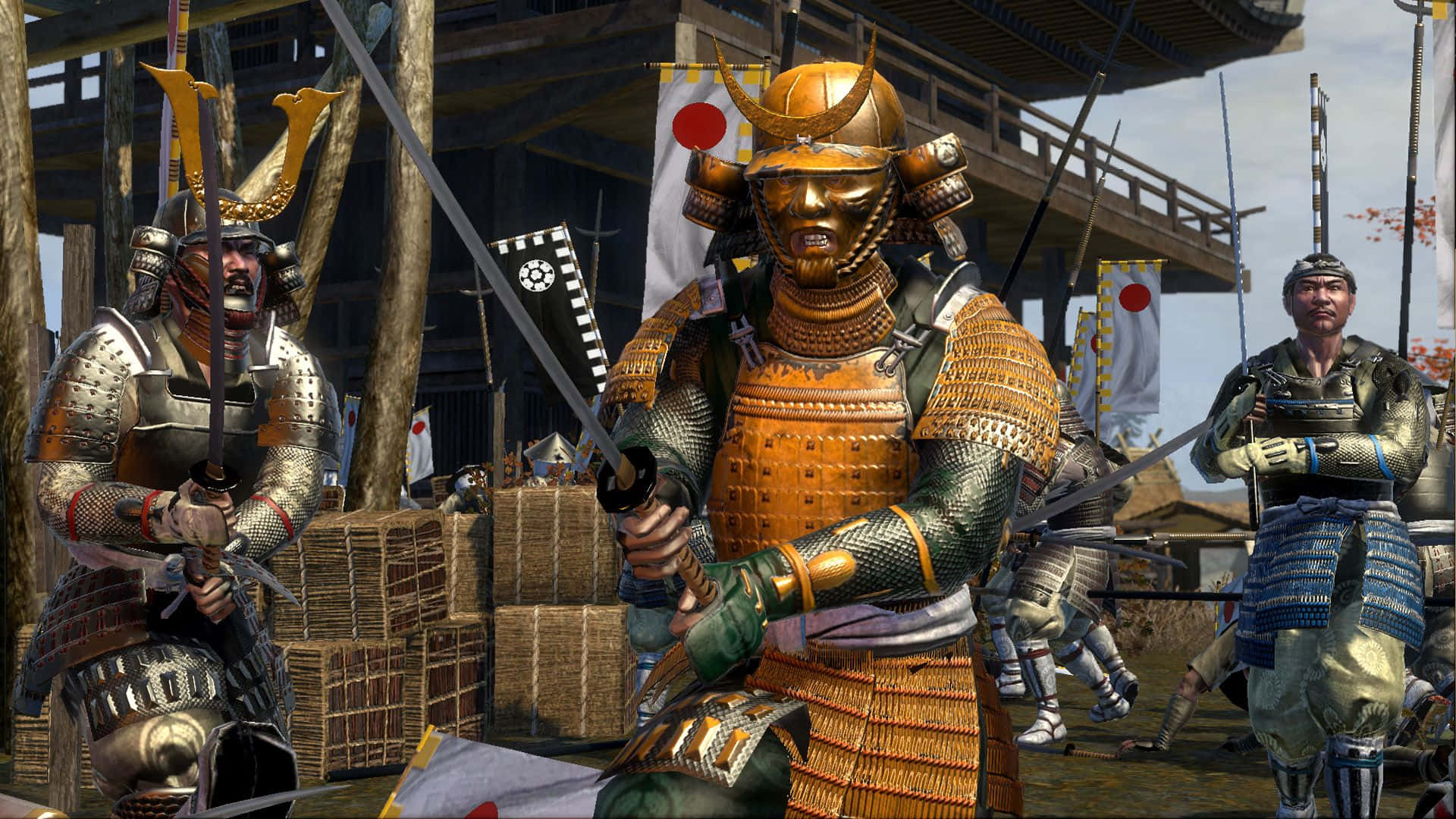 Shogun 桌布 壁紙 — 身穿華麗金銀鎧甲的武士戰士們在傳統日式木造庭院中持刀待命。