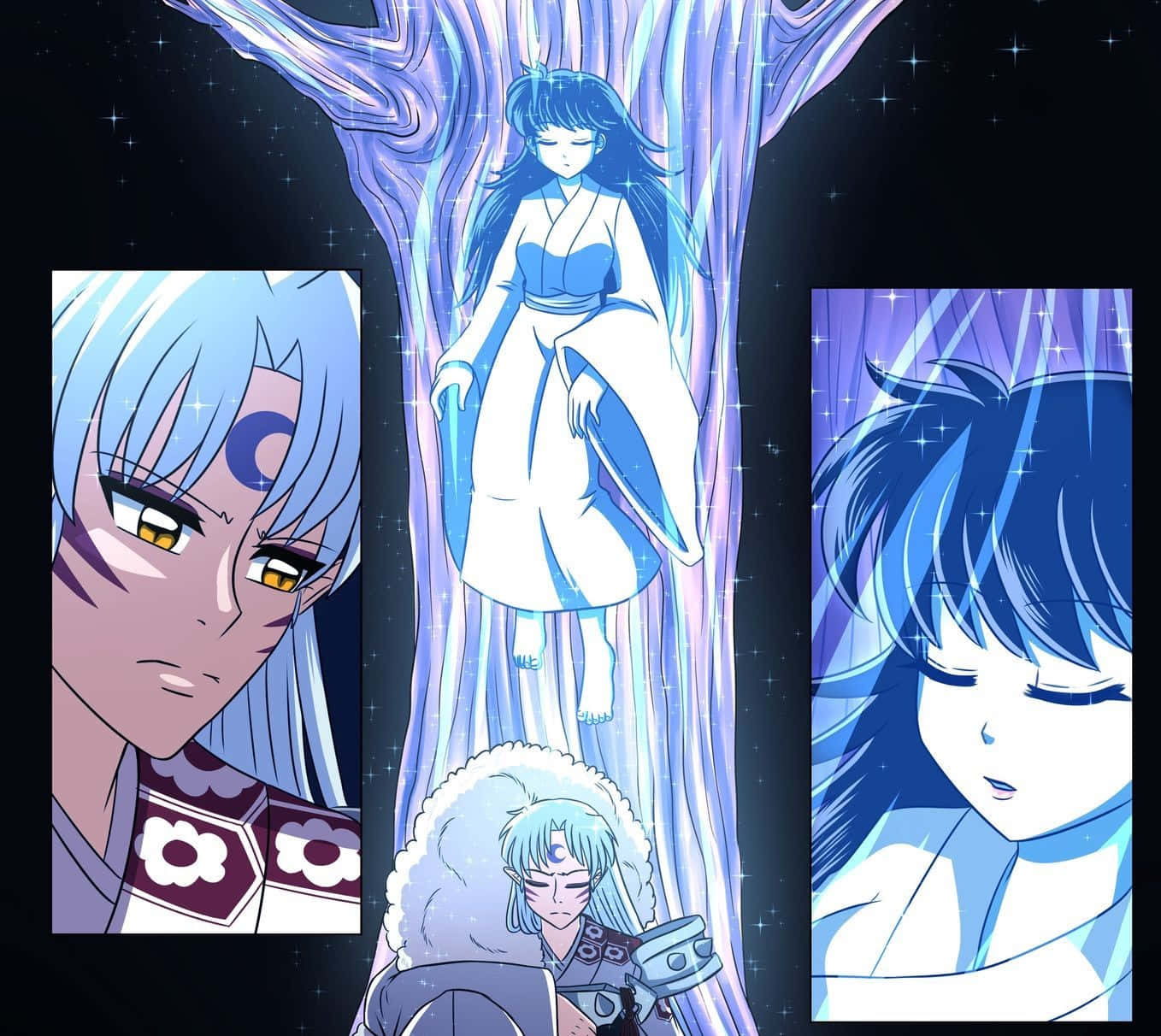Inuyasha And Rin 桌布 壁紙 — 身穿藍白長袍的動漫角色站在星空下閃爍的宇宙樹枝之間。