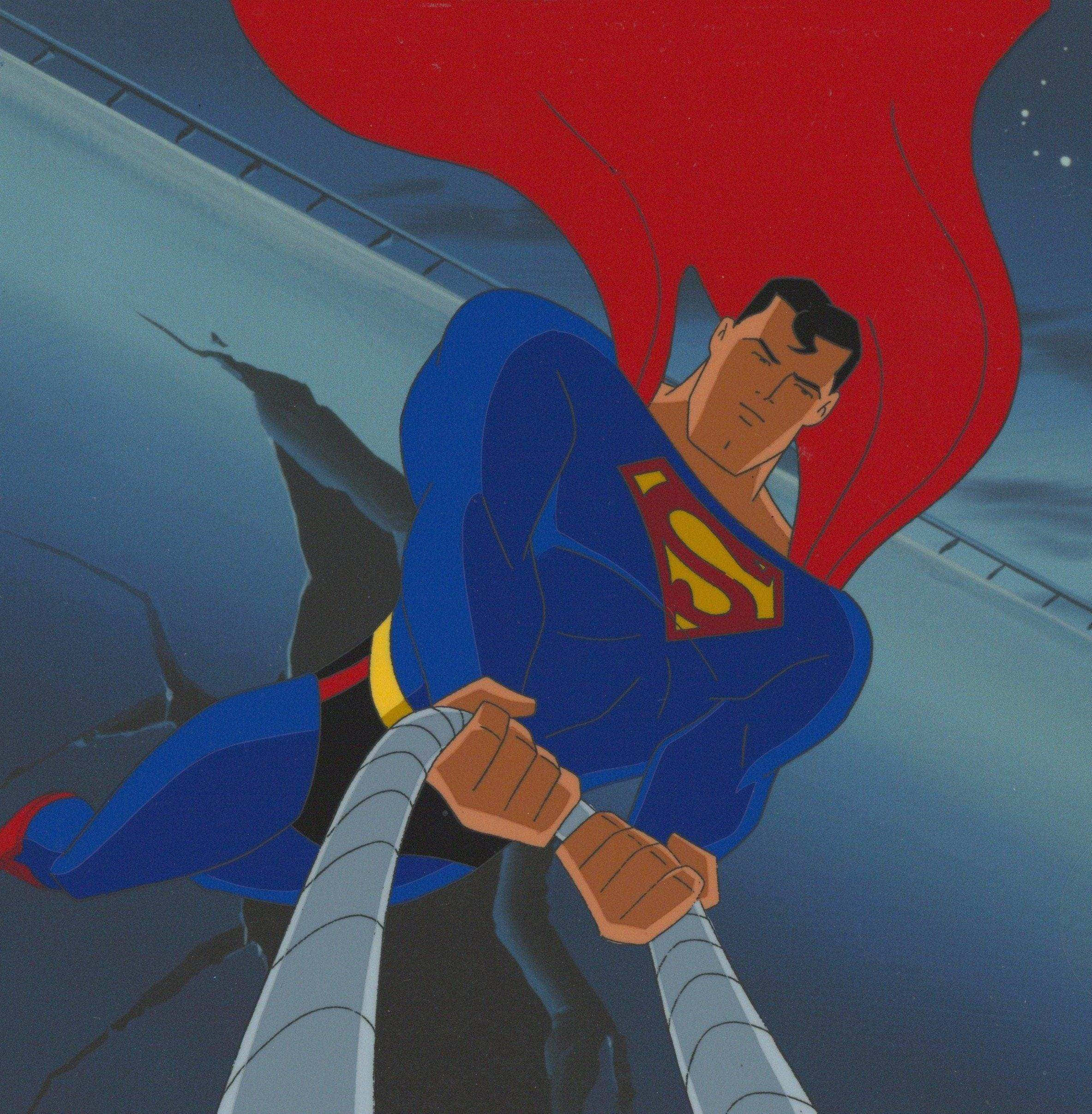 Superman The Animated Series 桌布 壁紙 — 身穿藍紅服裝的超人抓緊鋼樑，斗篷在深藍色天空中飄揚。