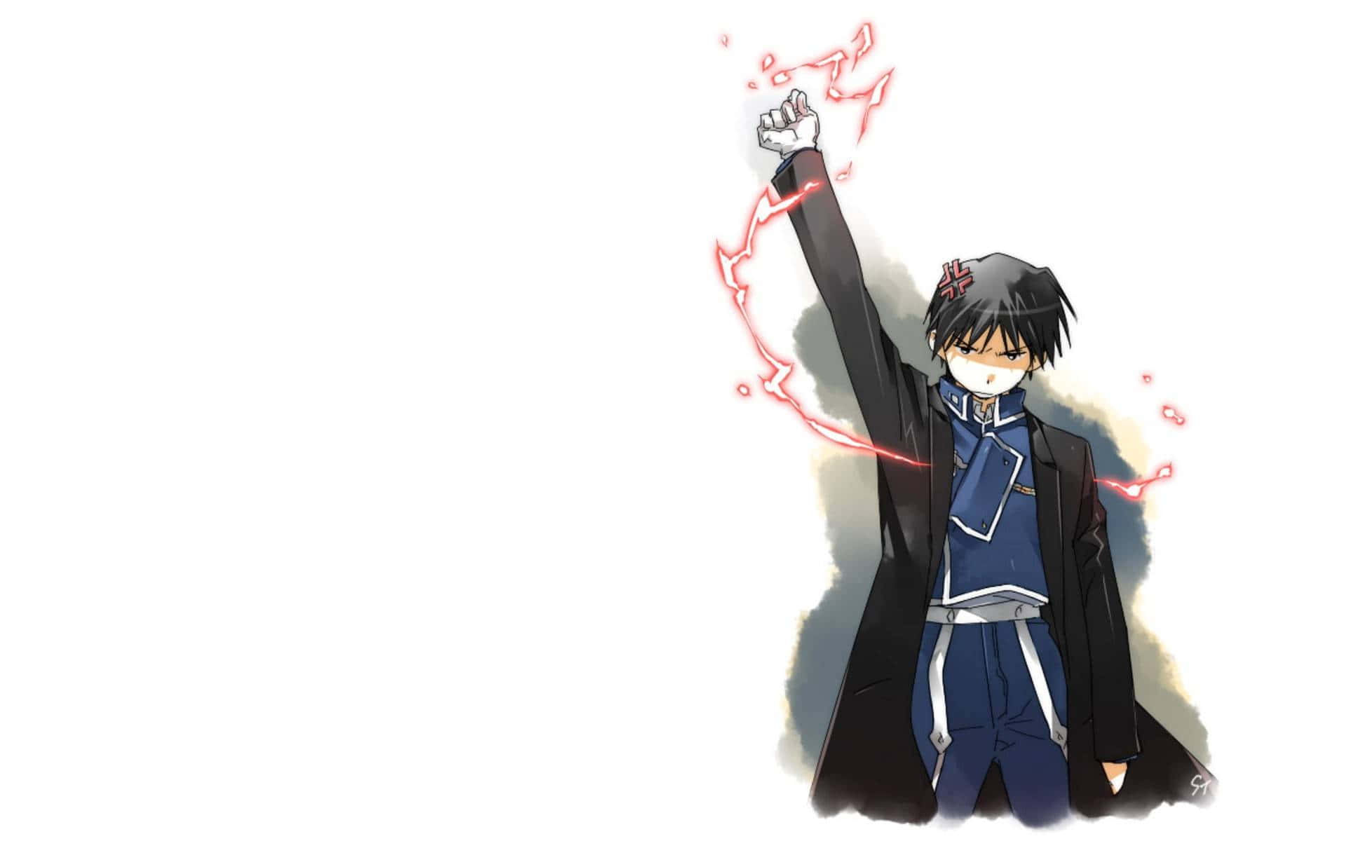 Roy Mustang 桌布 壁紙 — 身穿藍色制服和黑色外套的動漫角色，在白色背景前舉起拳頭，周圍有發光的紅色能量劈啪作響。