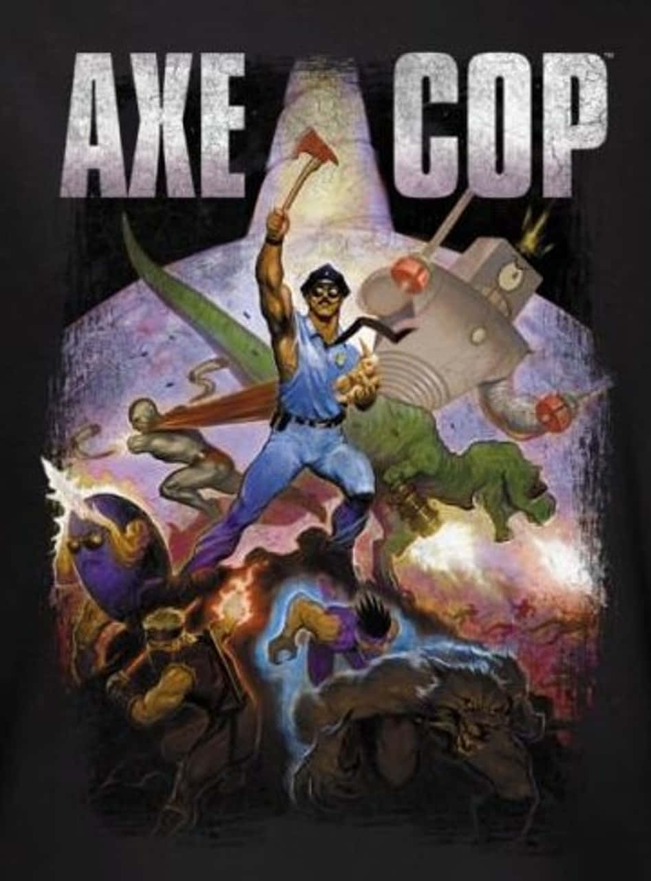 Comics 桌布 壁紙 — 身穿藍色制服的Axe Cop在閃爍的星星下揮舞斧頭對抗混亂的怪物大軍。