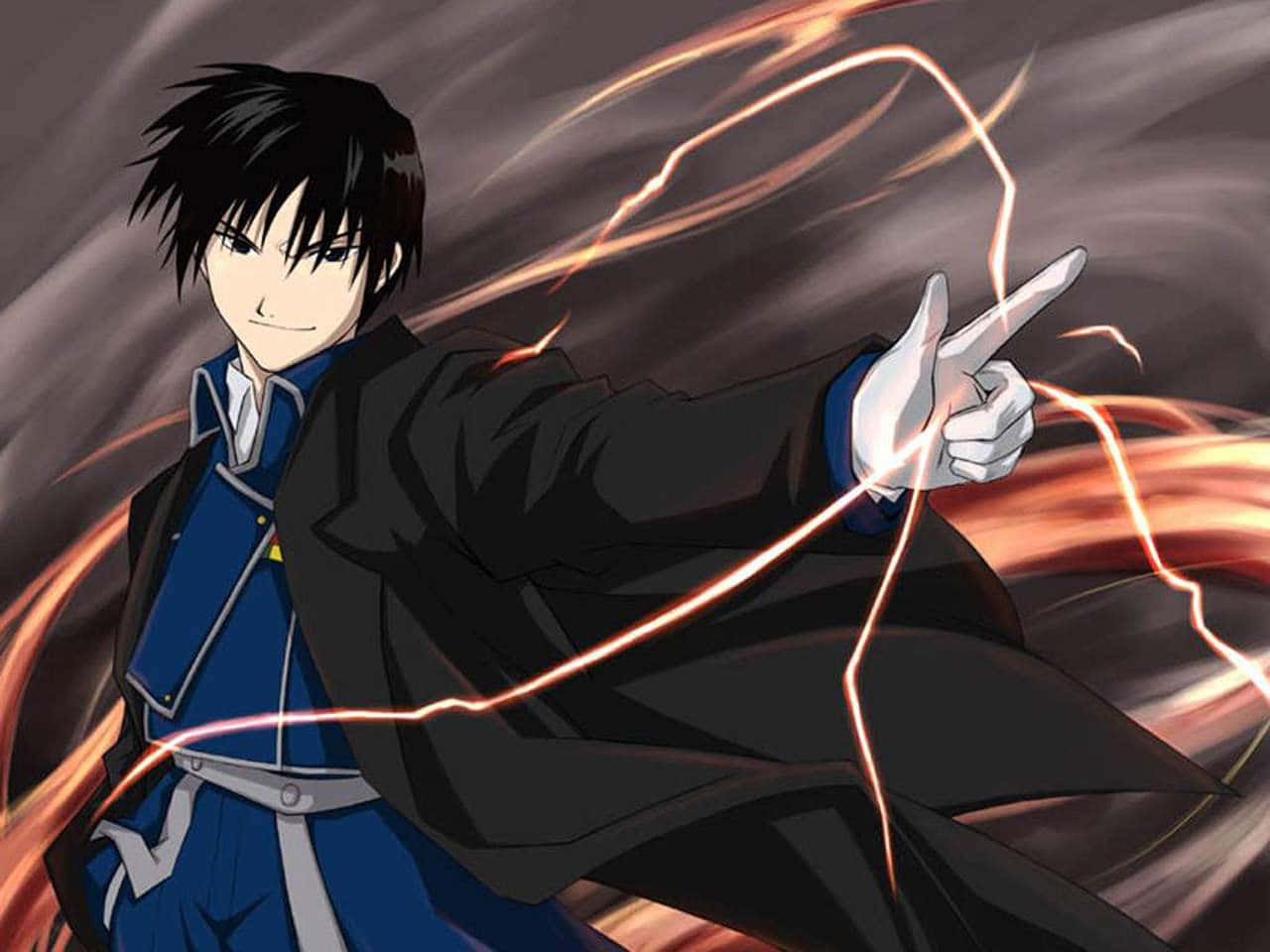 Roy Mustang 桌布 壁紙 — 身穿藍色制服的動漫角色，在黑暗漩渦背景前伸出手指，引導發光的橙色能量。