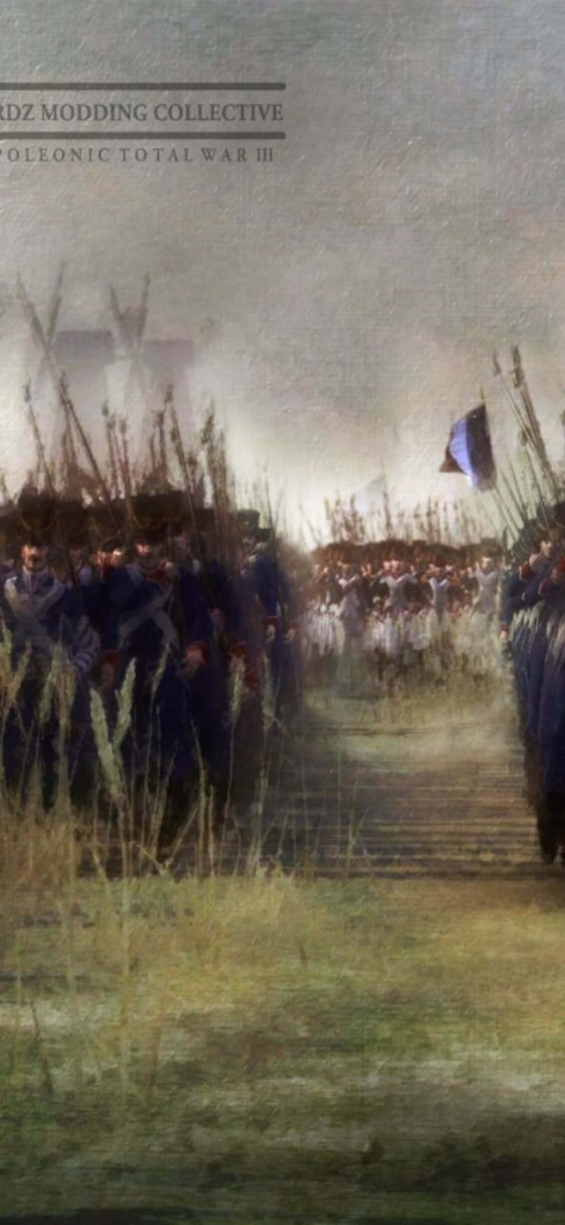 Napoleon 桌布 壁紙 — 身穿藍色制服的士兵在朦朧的天空下，穿過高草叢，以旗幟為前導列隊行進。