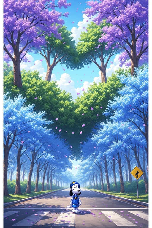Serene Jacaranda Fall with Snoopy 壁紙 — 身穿藍色制服的花生漫畫角色史努比站在斑馬線上，上方是紫色和綠色的樹冠，花瓣飄落。