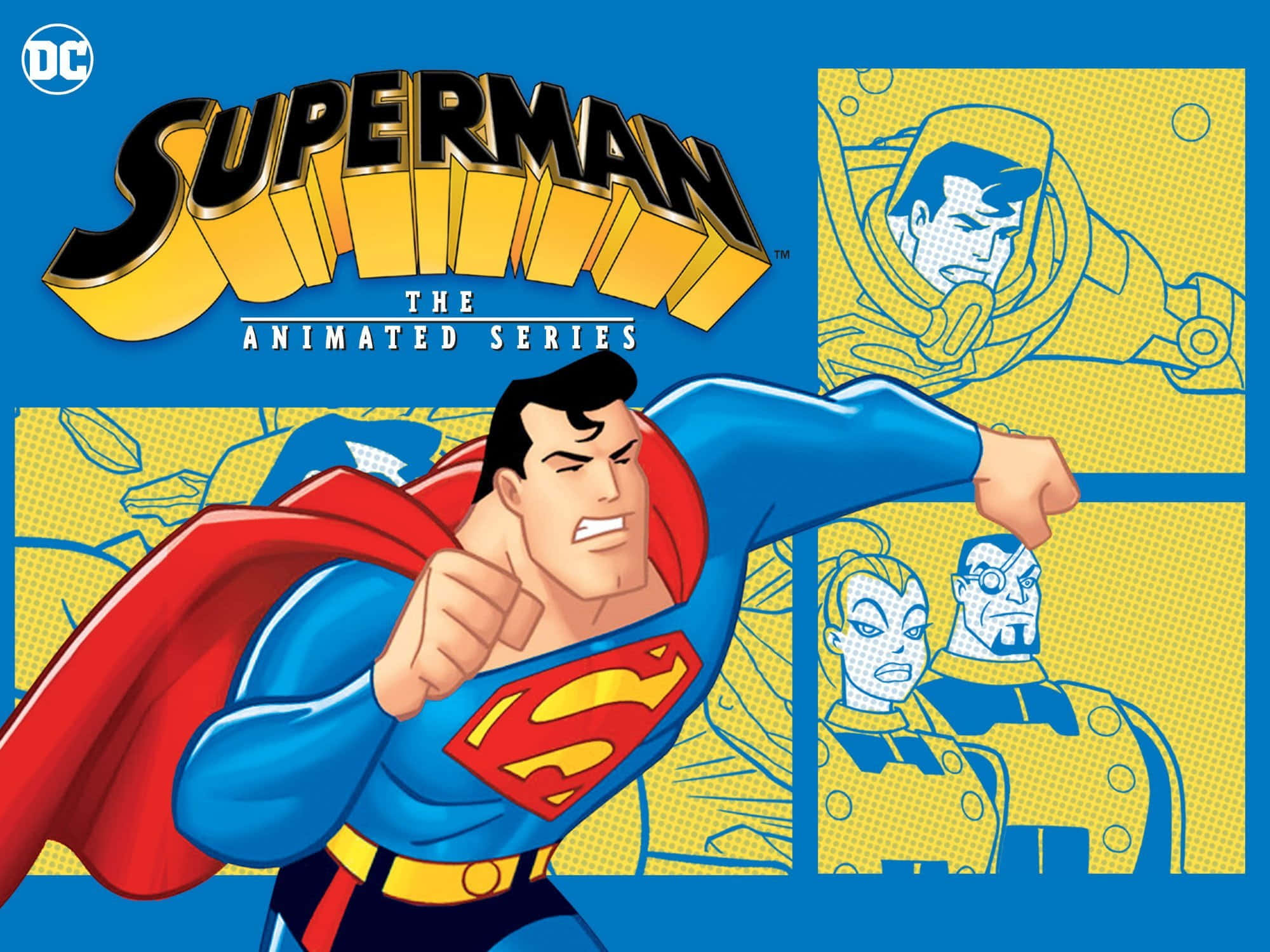 Superman The Animated Series 桌布 壁紙 — 身穿藍色和紅色服裝的超人，在漫畫風格的黃色和藍色背景上向前揮拳，背景中有反派角色。