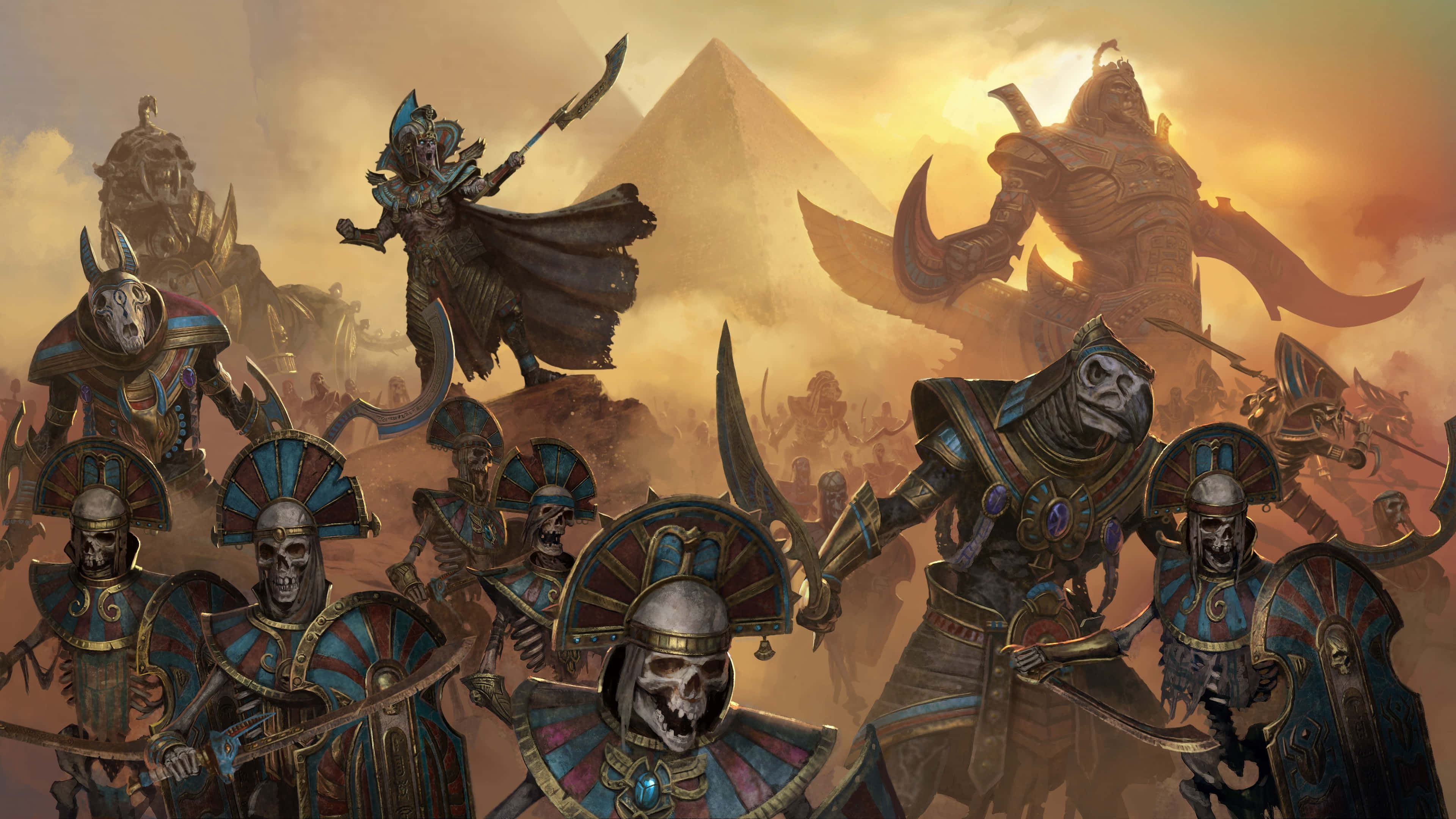 Best Total War Warhammer 桌布 壁紙 — 身穿藍色和金色盔甲的骷髏戰士在金色夕陽天空下的金字塔前行進。