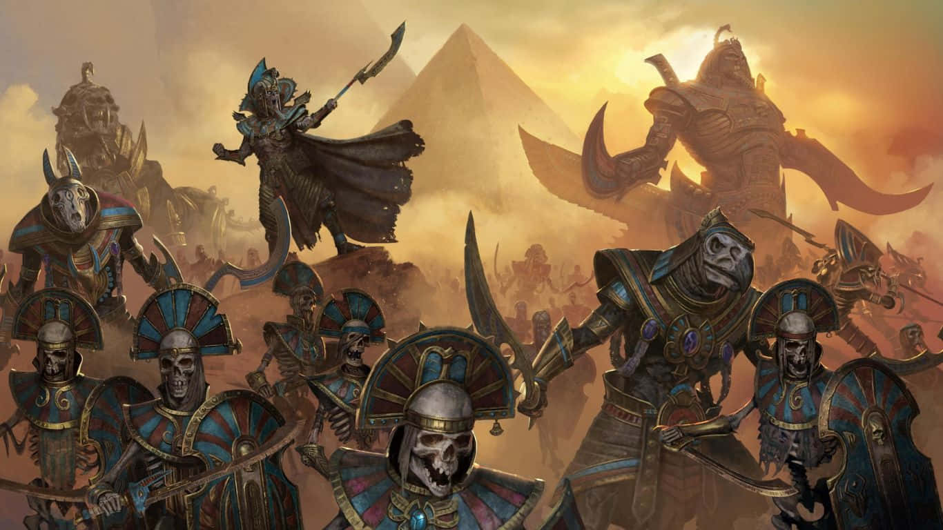 電玩遊戲 桌布 壁紙 — 身穿藍色和金色裝甲的骷髏戰士在金色夕陽天空下的金字塔前行進。