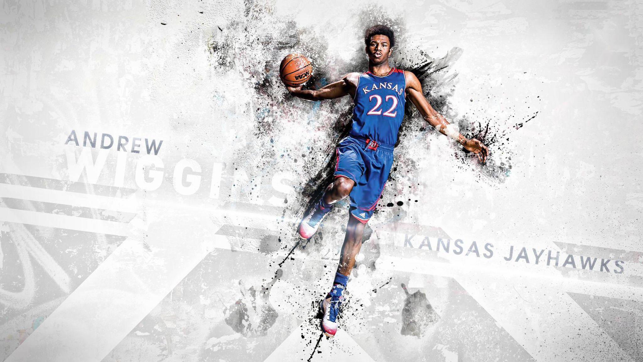 Andrew Wiggins 桌布 壁紙 — 身穿藍色堪薩斯松鴉隊22號球衣的籃球運動員安德魯·威金斯在運球中突破飛濺效果。