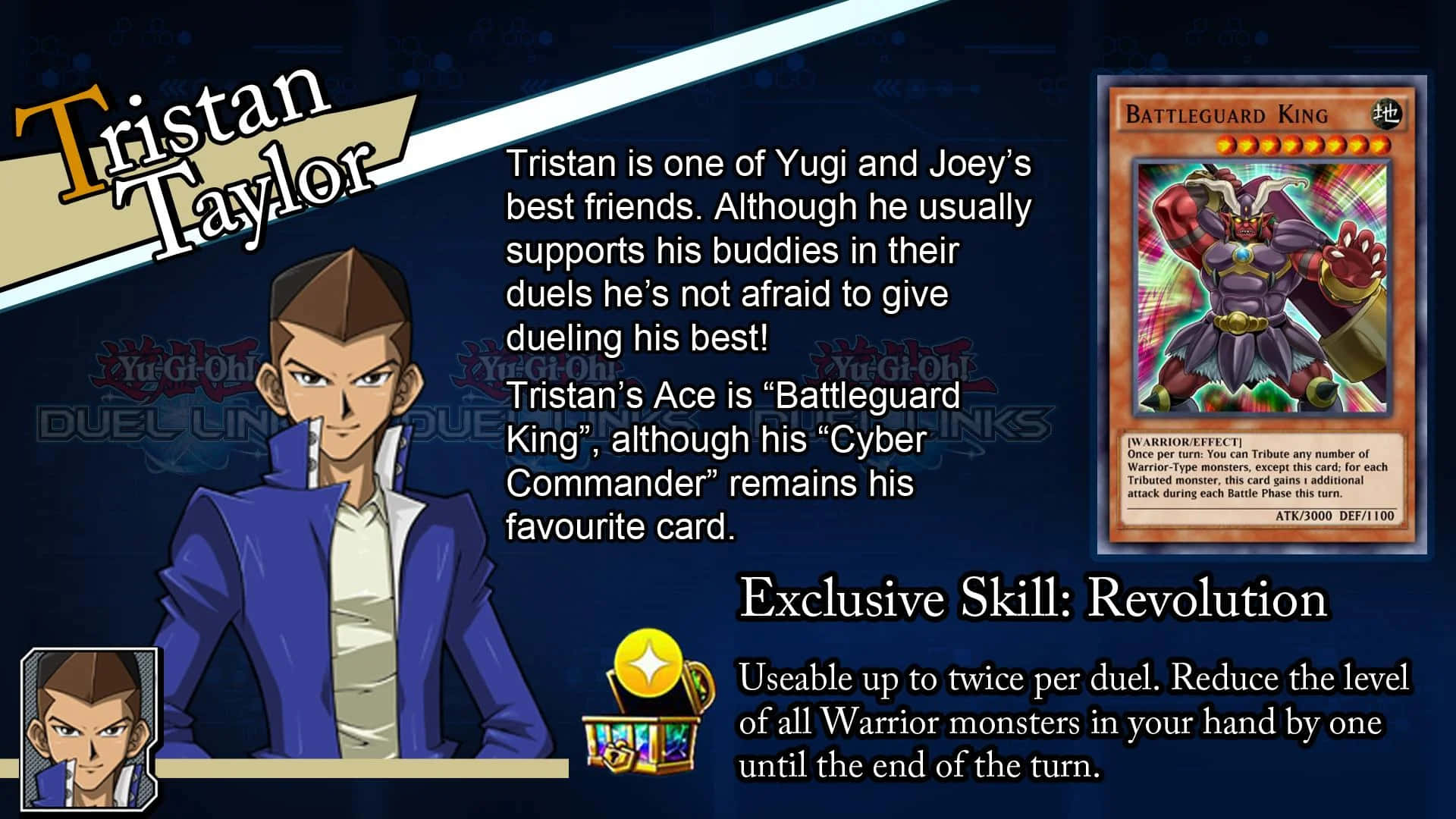 Tristan Taylor 桌布 壁紙 — 身穿藍色外套的動漫角色 Tristan Taylor 站在他來自《遊戲王》的「Battleguard King」決鬥怪獸卡旁邊。