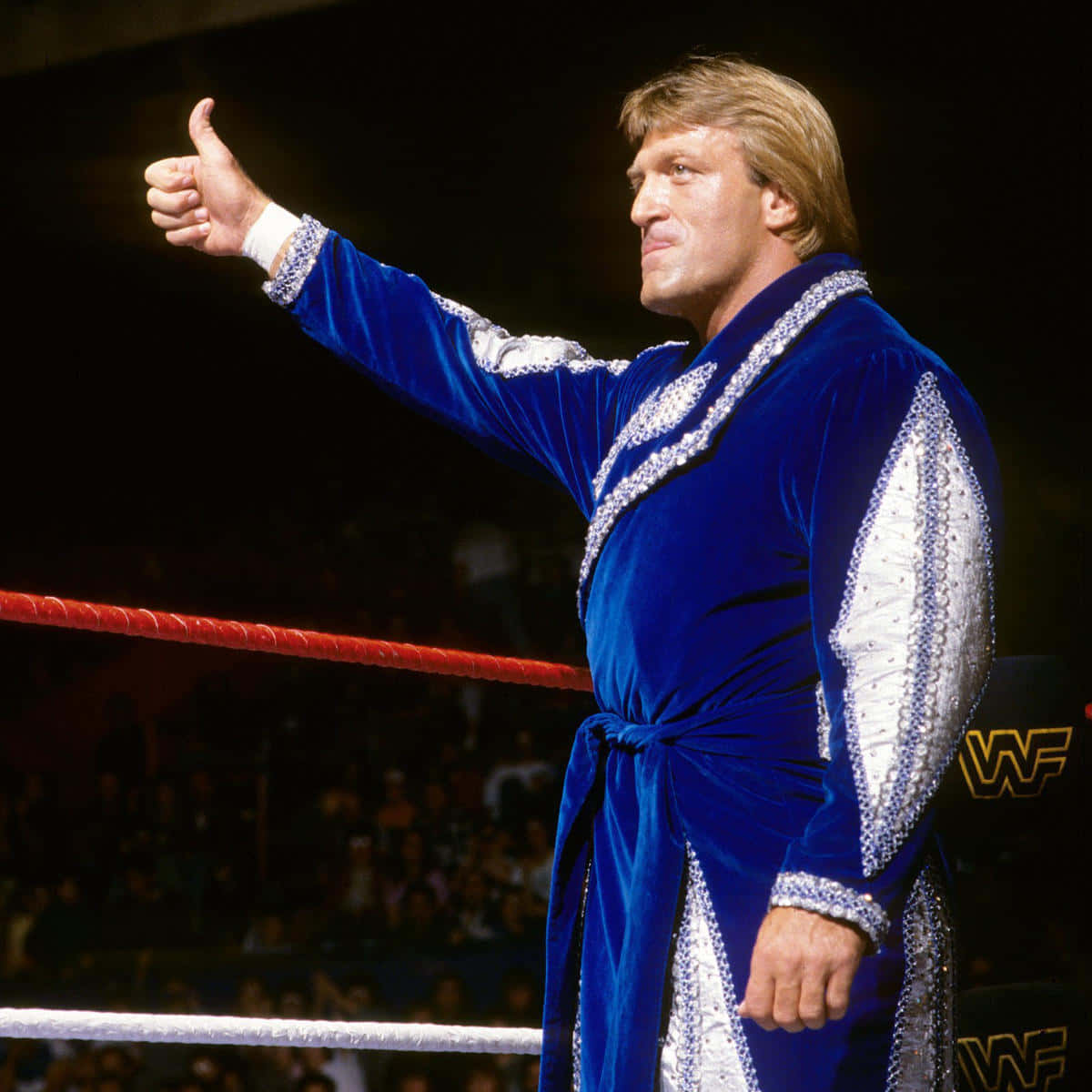 WWE 桌布 壁紙 — 身穿藍色天鵝絨長袍、飾有銀色滾邊的摔角手，在燈火通明的摔角場內豎起大拇指。