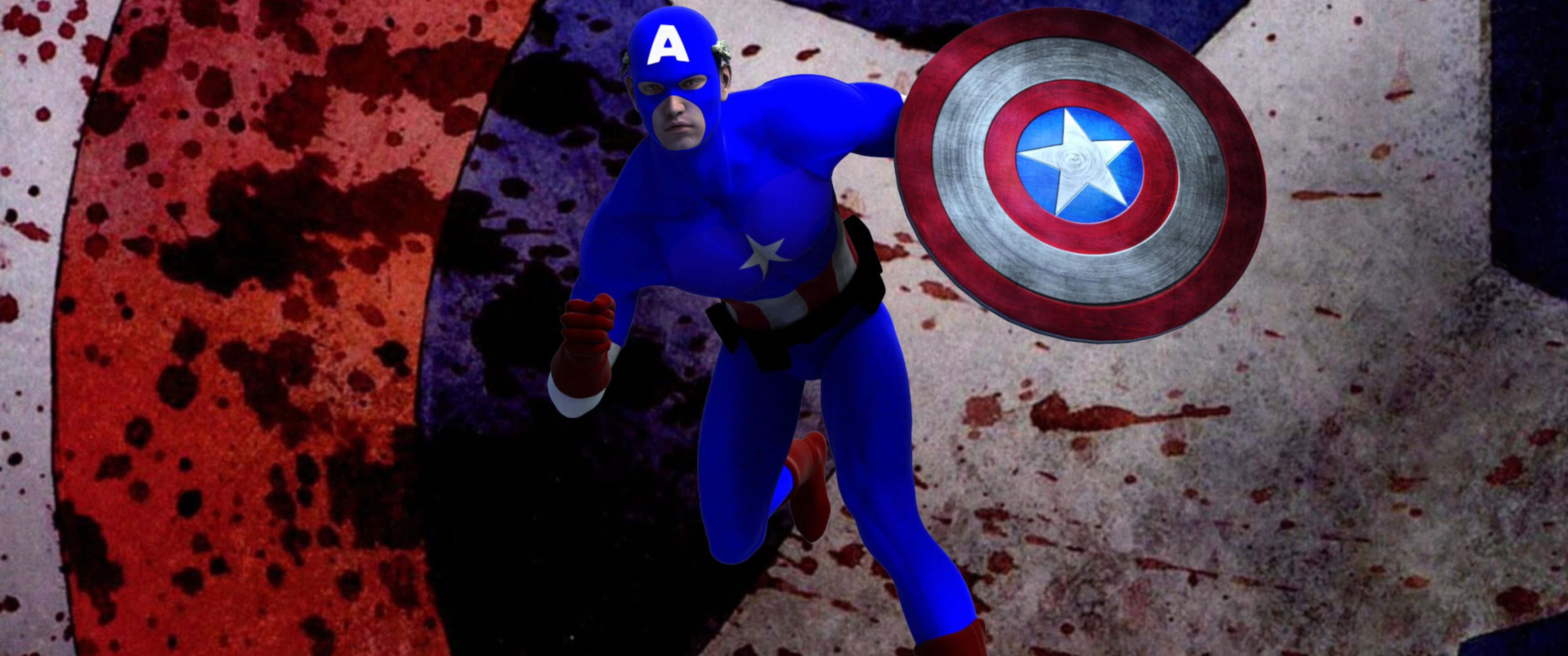 3440x1440p Captain America 桌布 壁紙 — 身穿藍色戰衣的美國隊長，在濺滿紅色和灰色的背景前，手持盾牌向前奔跑。