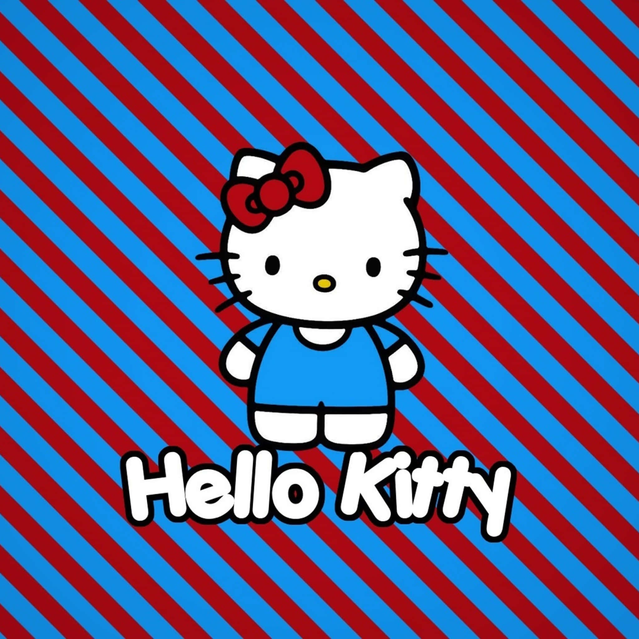 Kitty White 桌布 壁紙 — 身穿藍色服裝、戴紅色蝴蝶結的Hello Kitty卡通角色，站在大膽的紅藍對角條紋前。