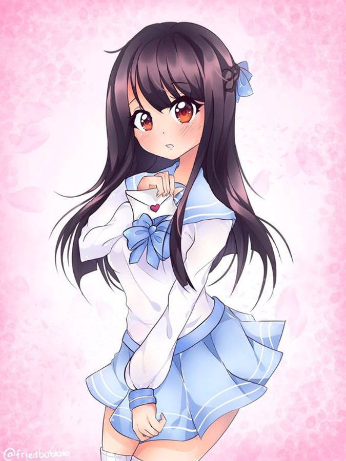 Aphmau 桌布 壁紙 — 身穿藍色水手服的動漫女孩在柔和粉紅花卉背景上拿著心形信。