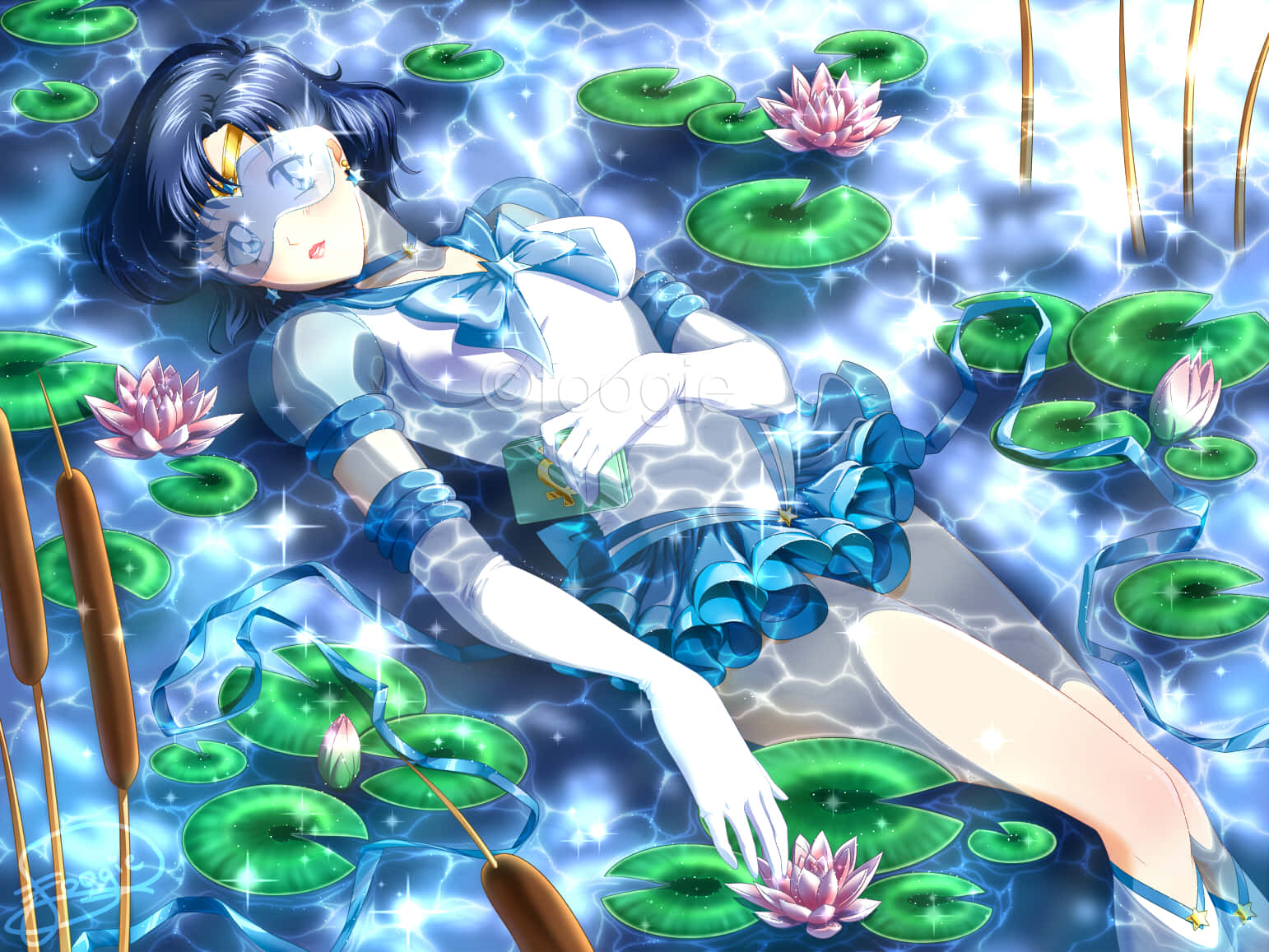 動漫 桌布 壁紙 — 身穿藍色水手服的動畫女孩在閃閃發光的水面上，漂浮在發光的睡蓮葉和粉紅色睡蓮之間，寧靜祥和。