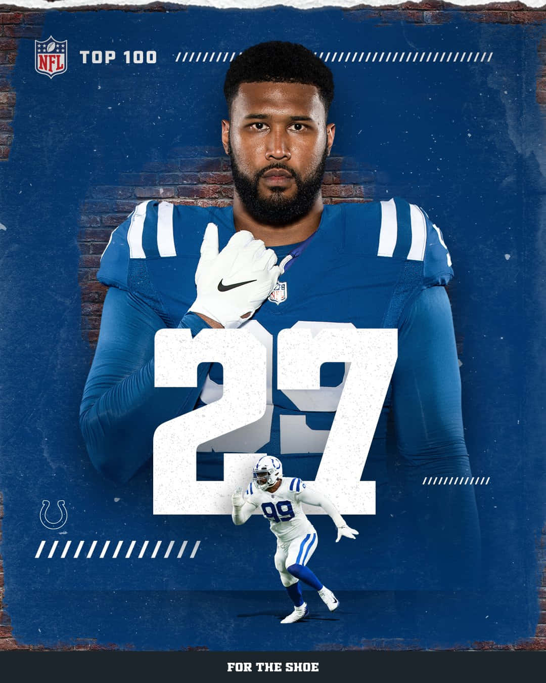 Football Players 桌布 壁紙 — 身穿藍色球衣、號碼27的NFL球員站在磚牆背景前，下方有較小的動作鏡頭。
