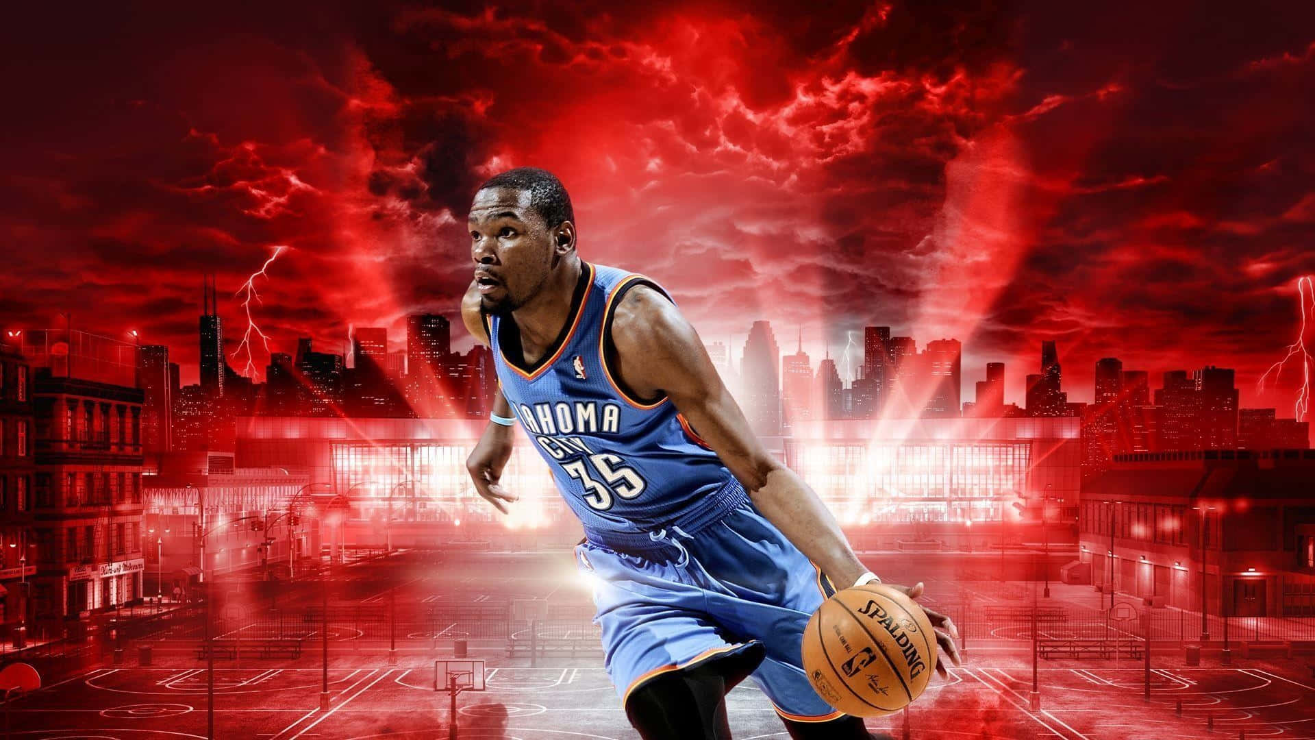 NBA 2k 桌布 壁紙 — 身穿藍色球衣的籃球運動員在戲劇性的紅色暴風雨天空下，於城市景觀上方運球。