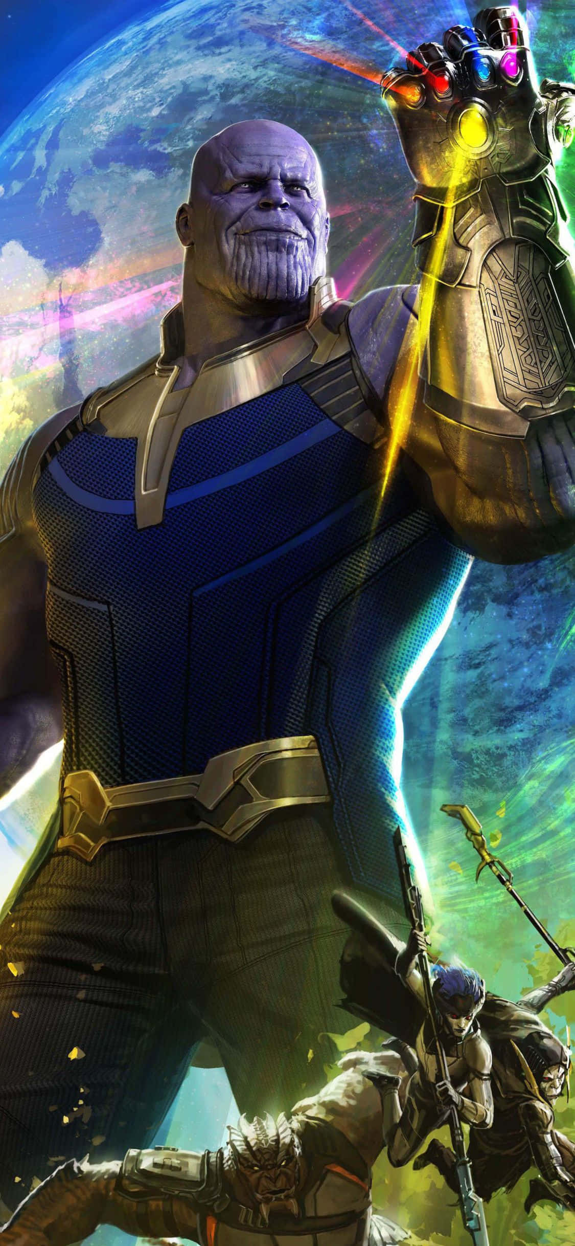 iPhone Xs Marvel's Avengers 桌布 壁紙 — 身穿藍色盔甲的薩諾斯在宇宙背景（下方有星球和戰士）下舉起發光的無限手套。