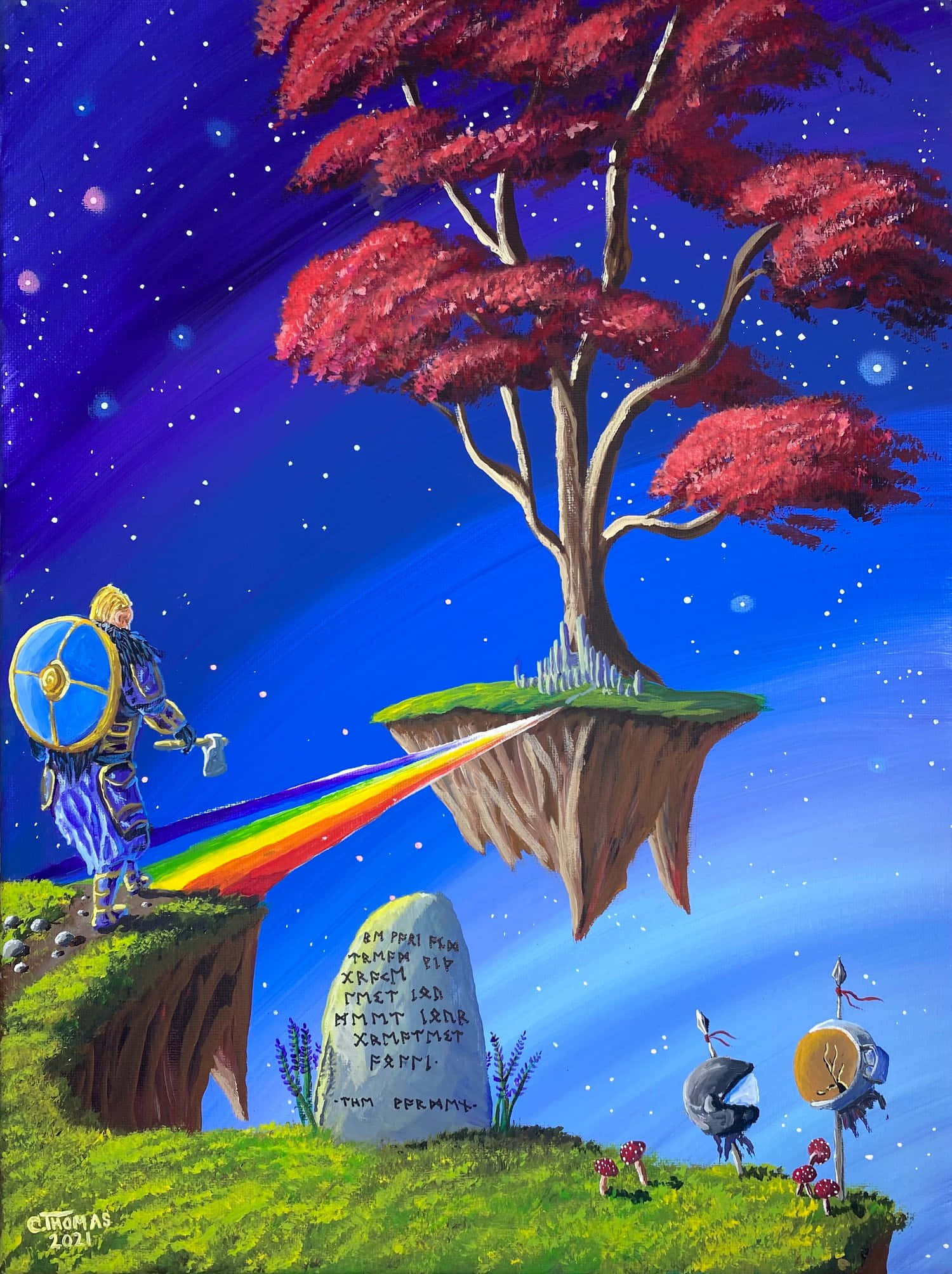 北歐神話中的神秘彩虹橋 壁紙 — 身穿藍色盔甲的騎士站在懸崖上，向著星空下一棵紅樹的浮島發射彩虹光束。