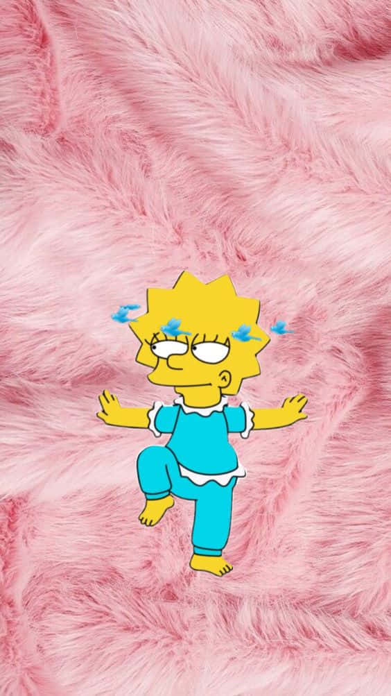 Simpsons Aesthetic 桌布 壁紙 — 身穿藍色睡衣的麗莎·辛普森單腳站在毛絨絨的粉紅色地毯上，雙眼疲倦，汗水滴落。