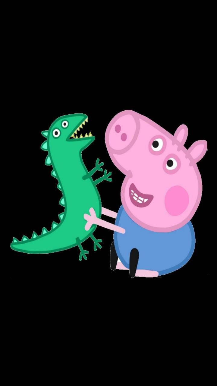 Peppa 桌布 壁紙 — 身穿藍色襯衫的Peppa Pig在黑色背景上擁抱一隻有尖牙的綠色恐龍。