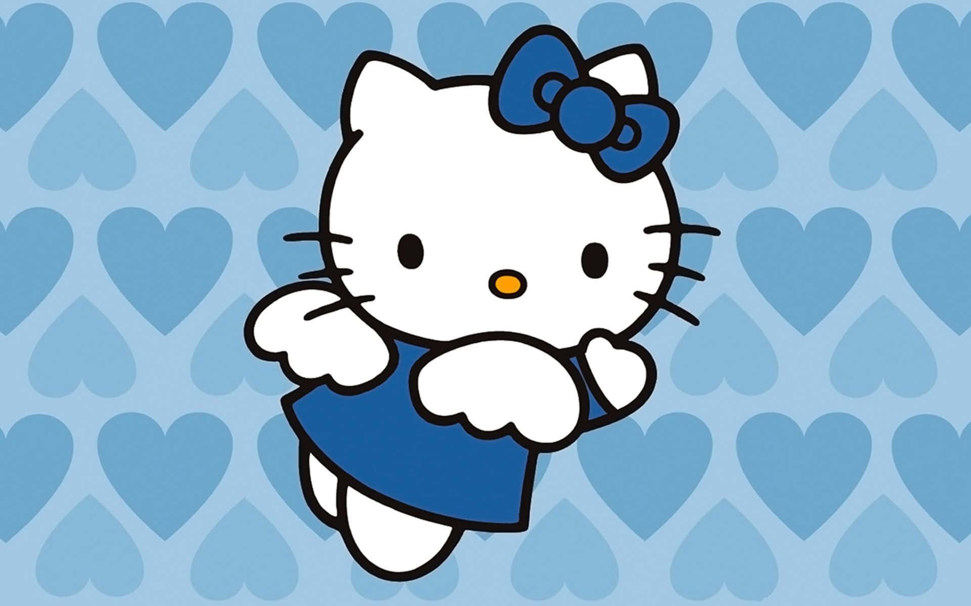 Hello Kitty Christmas 桌布 壁紙 — 身穿藍色連衣裙和蝴蝶結的Hello Kitty在淺藍色心形圖案背景上愉快地漂浮。