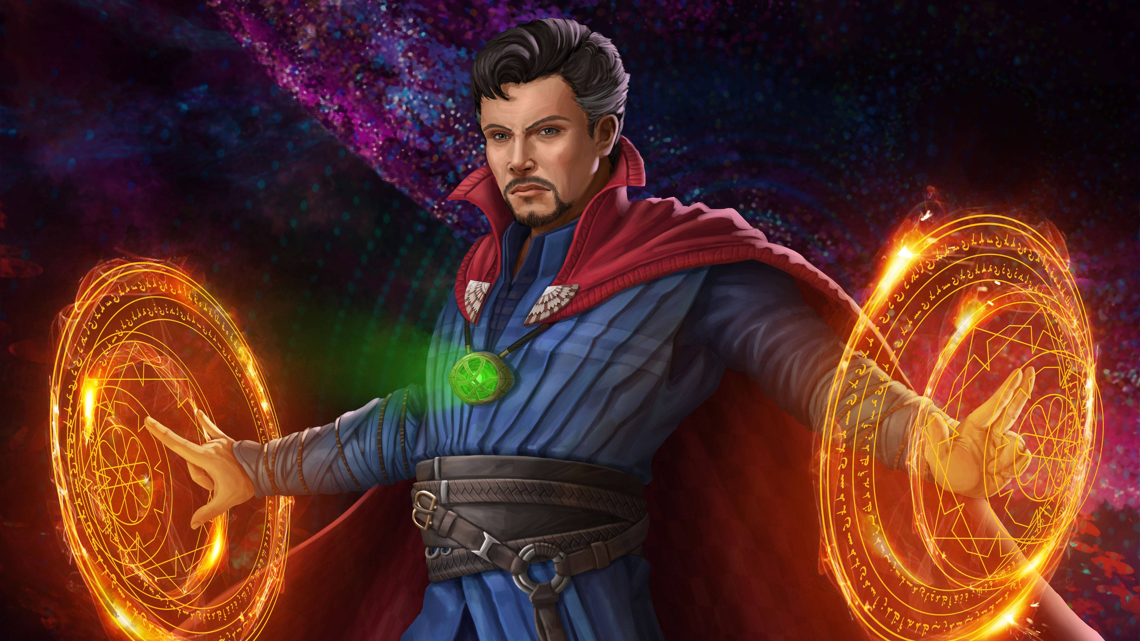 魔法動圖 桌布 壁紙 — 身穿藍色長袍和紅色斗篷的奇異博士，在宇宙星空中透過漂浮的圓形符文引導發光的 mystical 能量。