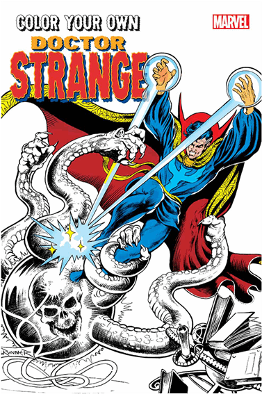 Marvel Comic Book 桌布 壁紙 — 身穿藍色長袍的奇異博士揮舞著神秘刀刃，對抗一頭多頭蛇，蛇頭為骷髏形狀。