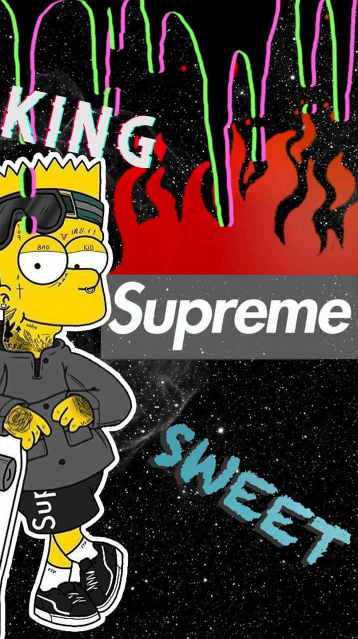 Simpsons Aesthetic 桌布 壁紙 — 身穿街頭服飾的辛普森角色站在宇宙背景前，帶有滴落的霓虹火焰和Supreme品牌標誌。