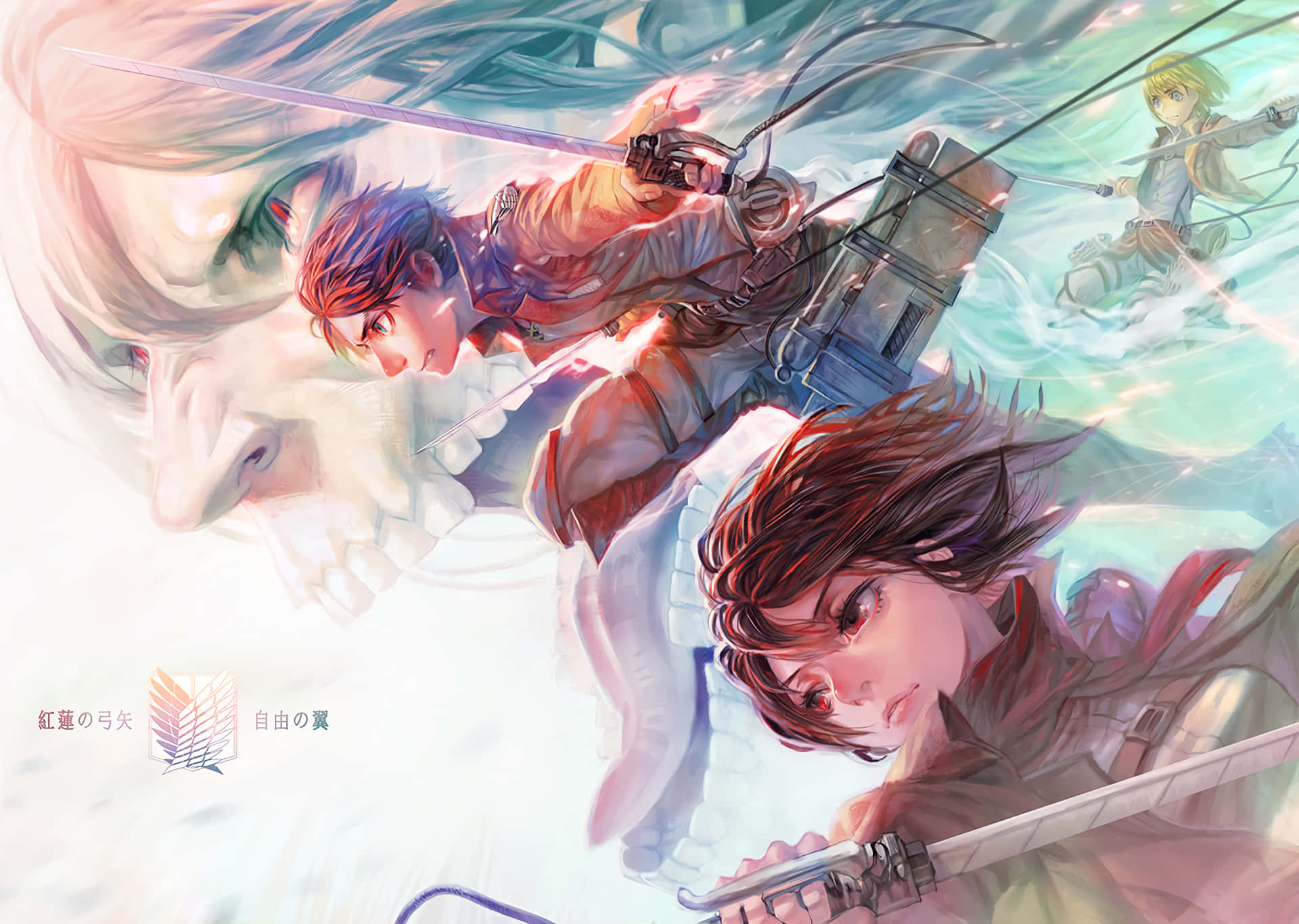 Mikasa Ackerman 桌布 壁紙 — 身穿裝備的動漫戰士，在旋轉的天空背景下，用劍和裝備與巨型泰坦戰鬥。