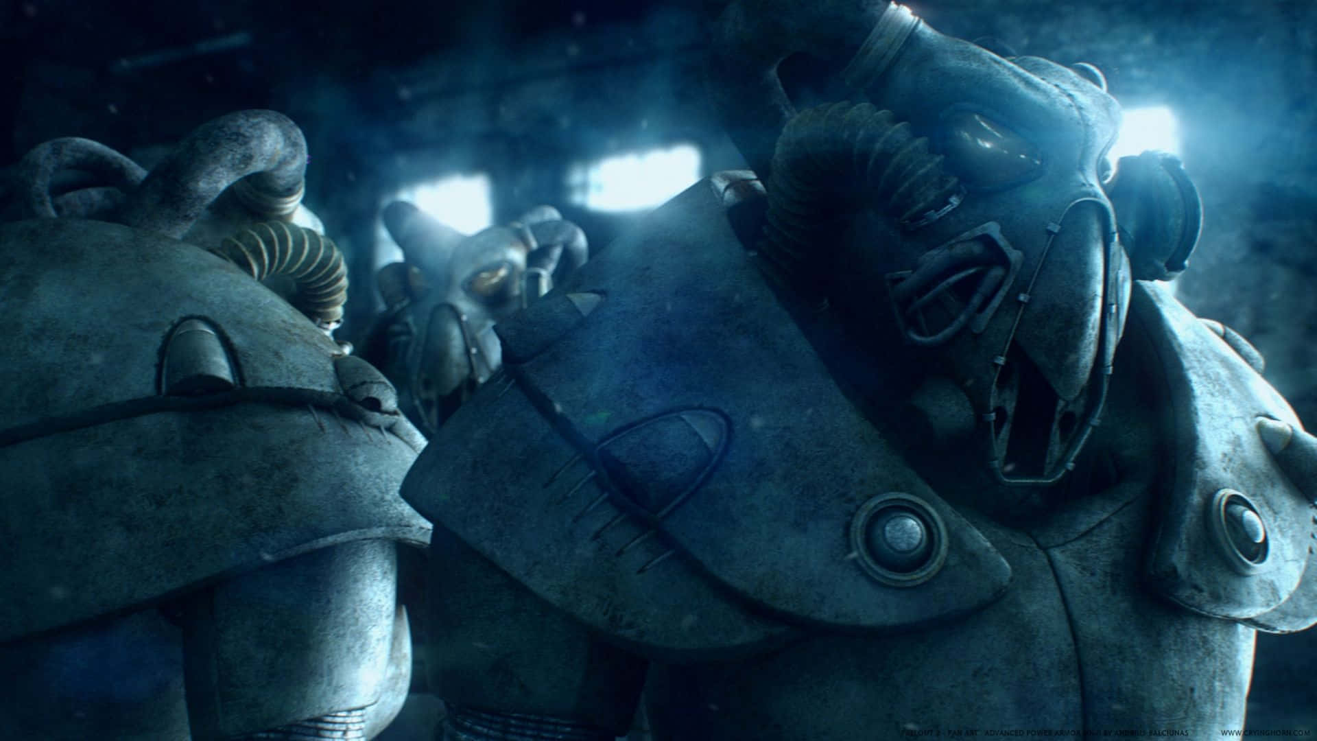 Fallout Enclave 桌布 壁紙 — 身穿裝甲的廢土居民在昏暗、飄雪的廢墟中特寫，背後有發光的窗戶。