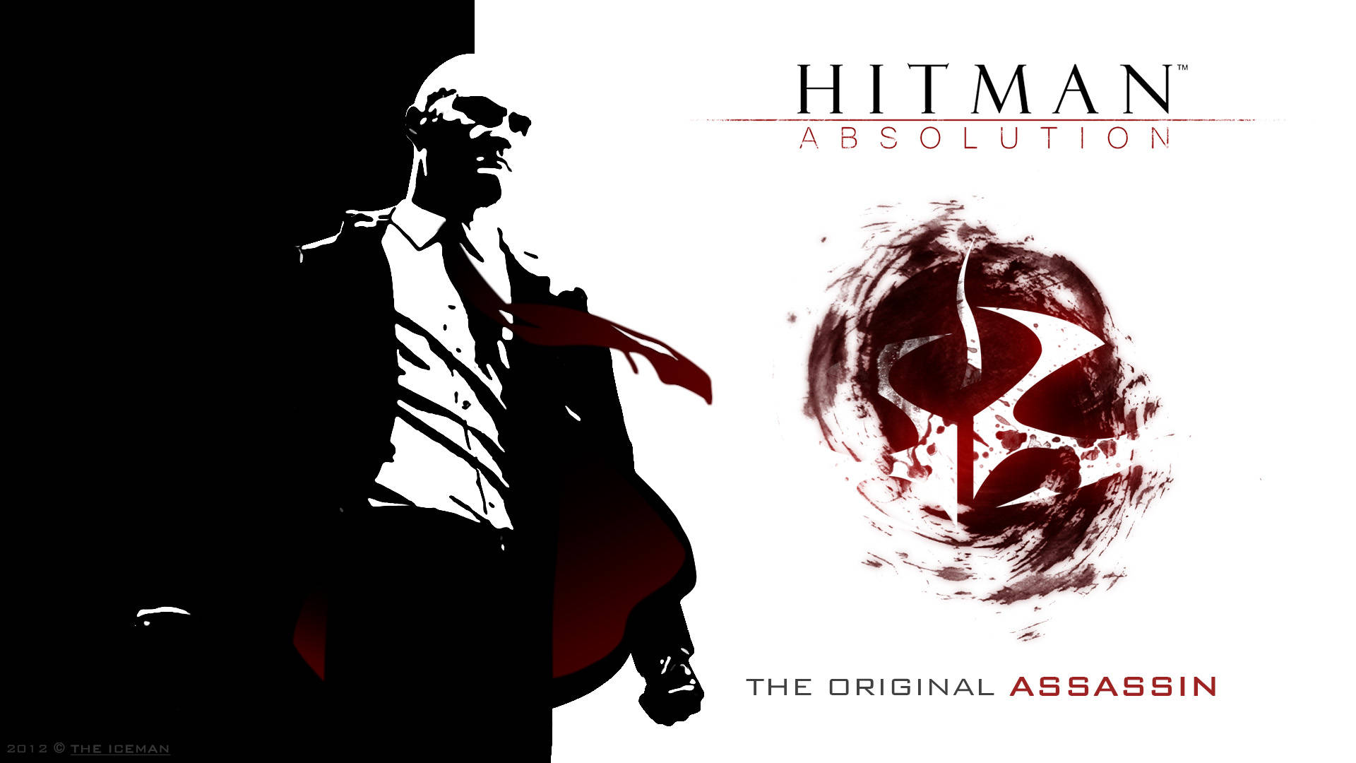 hitman absolution HD 桌布 壁紙 — 身穿西裝的刺客剪影，在鮮明的黑白背景上帶有紅色點綴，旁邊是《Hitman Absolution》標誌。