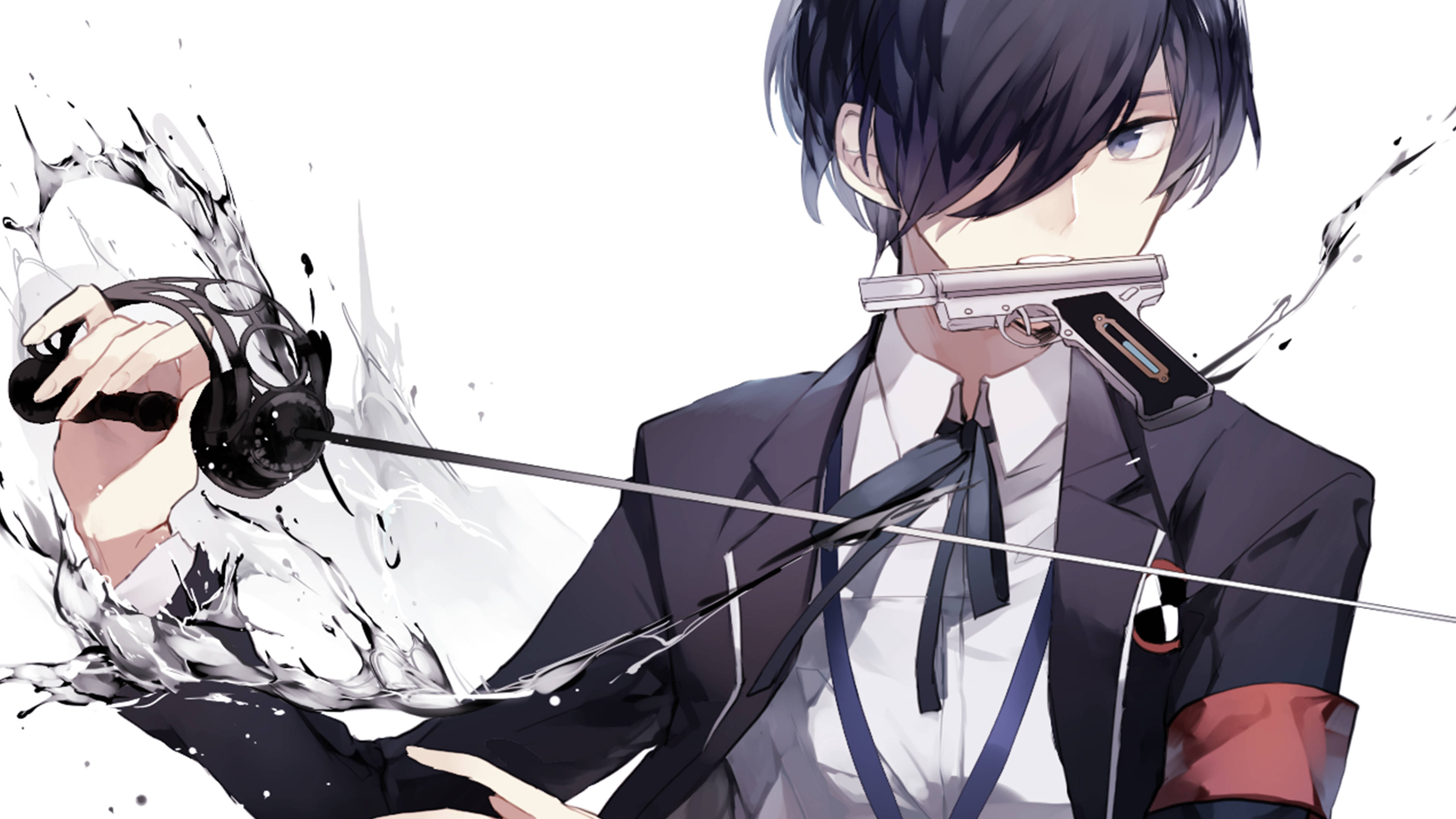 persona 5 4K 桌布 壁紙 — 身穿西裝的動畫男孩手持劍，水花四濺，手槍含在口中，背景為純白色。