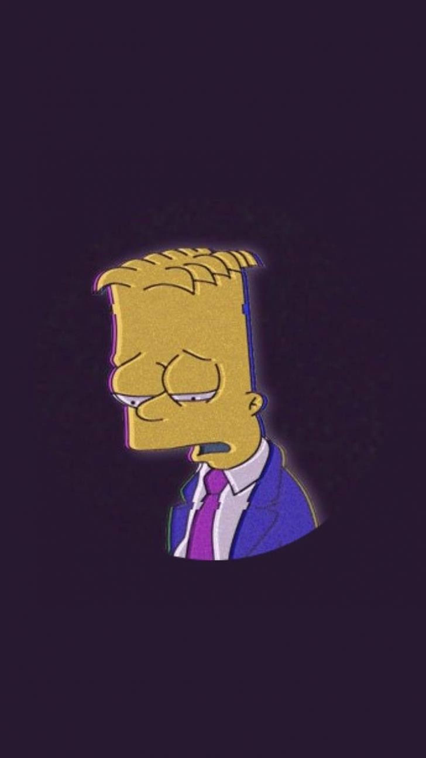 Simpson 桌布 壁紙 — 身穿西裝的巴特·辛普森在深紫色背景上看起來很疲倦，邊緣帶有發光效果。