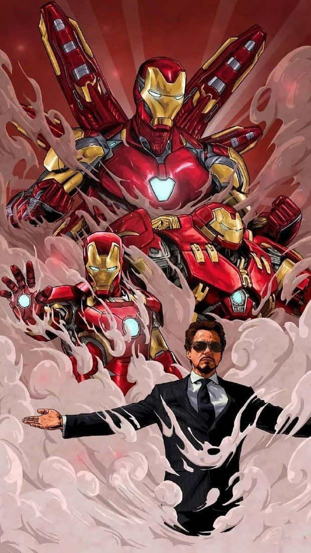 Iron Man Fan Art 桌布 壁紙 — 身穿西裝的東尼·史塔克站在三個從煙霧中衝出的鋼鐵人裝甲前，背景是紅色放射光芒。