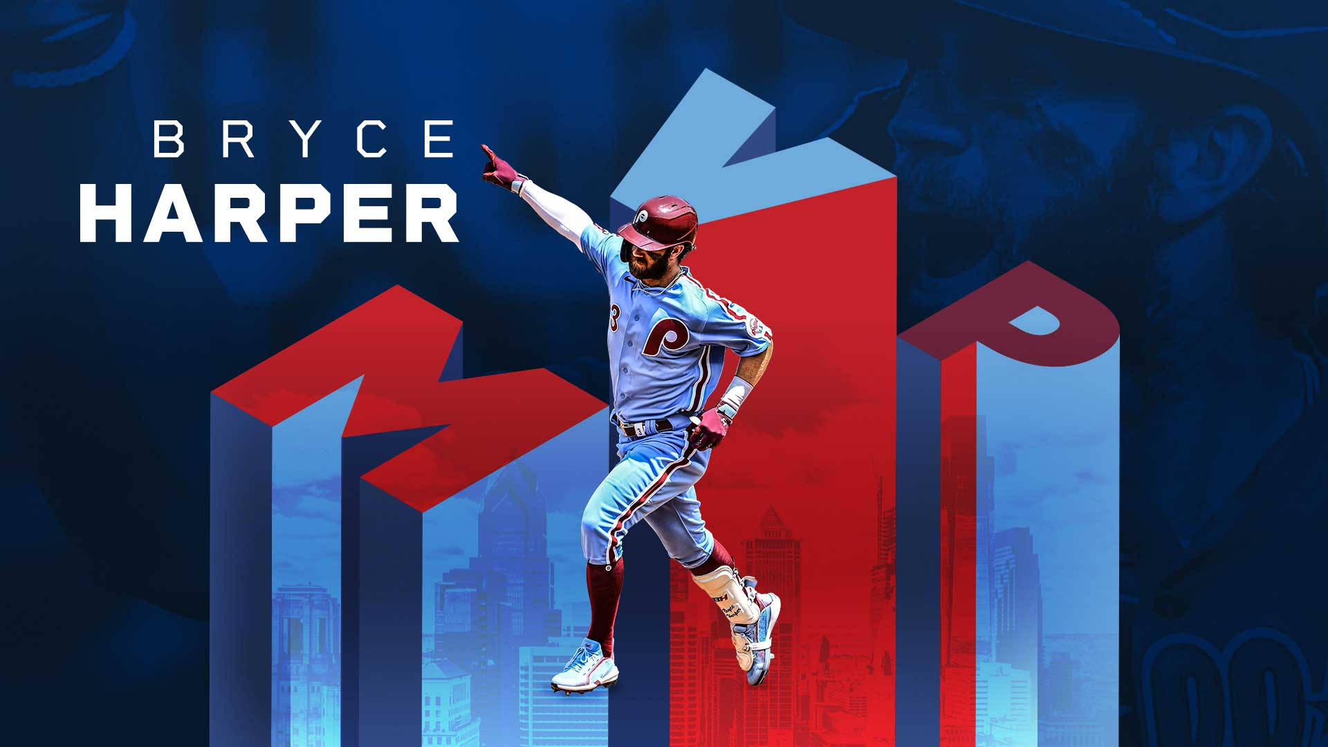 harper 桌布 壁紙 — 身穿費城人隊球衣的 Bryce Harper 在風格化的城市景觀中動態跳躍，背景有醒目的紅色和藍色幾何條紋。