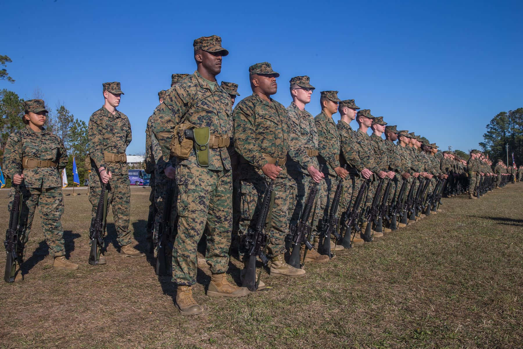 Marines 桌布 壁紙 — 身穿迷彩制服的海軍陸戰隊員在晴朗的藍天下持步槍排成一長列立正。