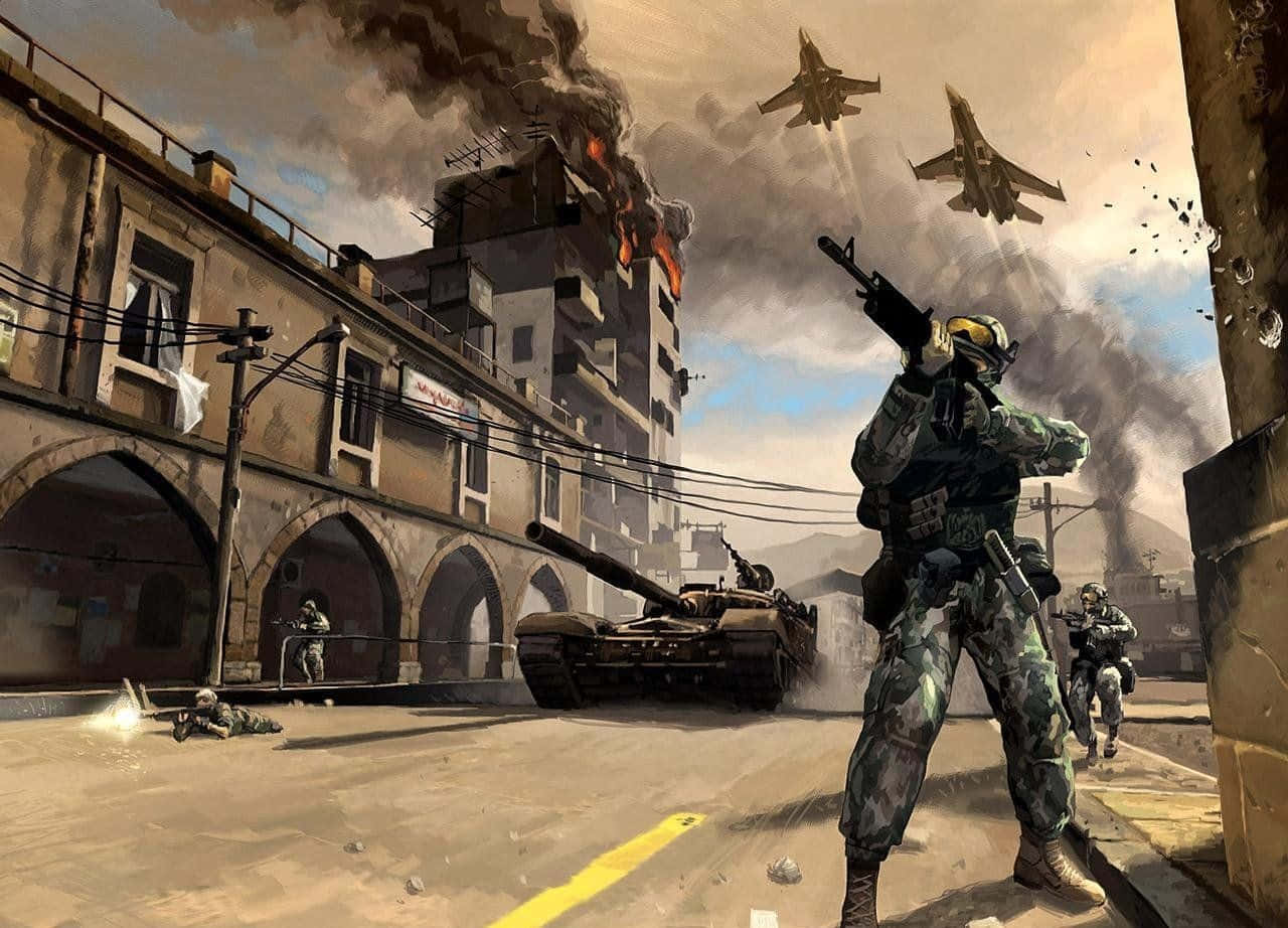 War Games 桌布 壁紙 — 身穿迷彩服的士兵在戰火摧殘的城市街道上前進，坦克和戰鬥機在煙霧和火焰中交戰。